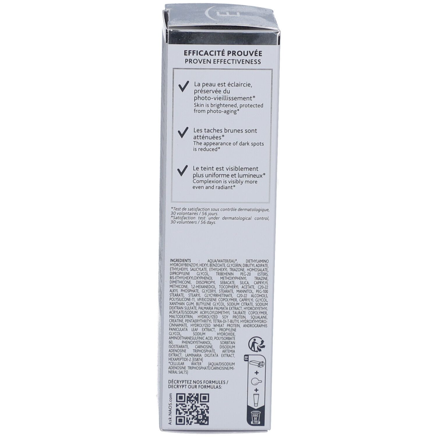 Kartonseite mit Text. Produktinformationen, Inhaltsstoffe und Logos. Text in Französisch.