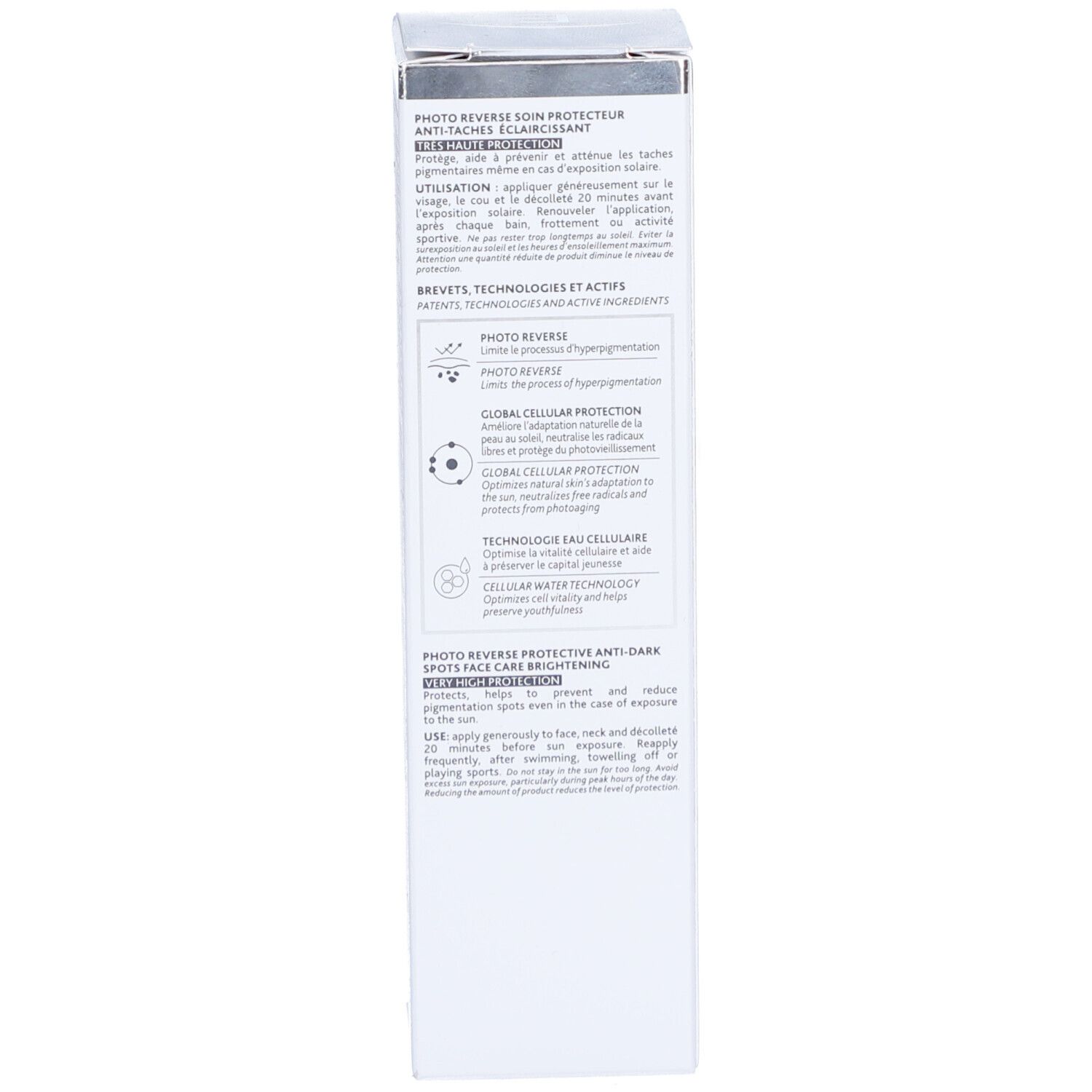 Kartonseite mit Text. Produktinformationen, Technologien und Inhaltsstoffe. Text in Französisch.