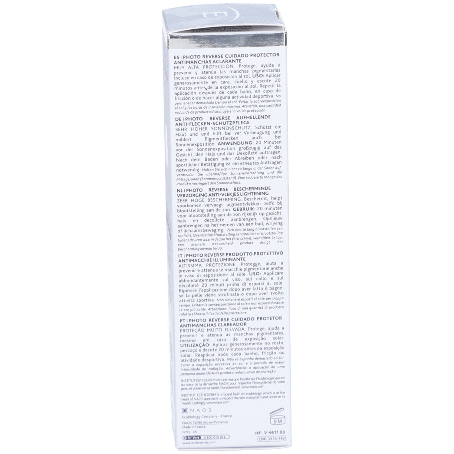 Kartonseite mit Text. Produktinformationen in mehreren Sprachen. Text in Französisch, Deutsch, Italienisch, Niederländisch.