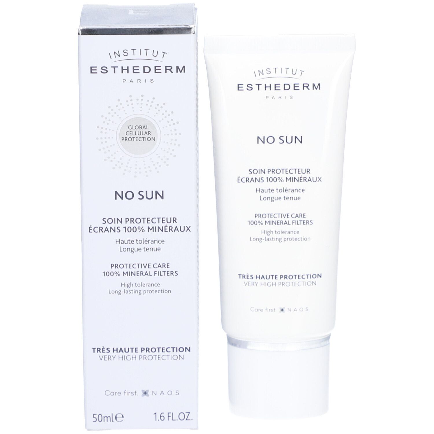 Emballage du produit : tube et boîte. Inscription : INSTITUT ESTHEDERM, NO SUN, soin protecteur écrans 100% minéraux.