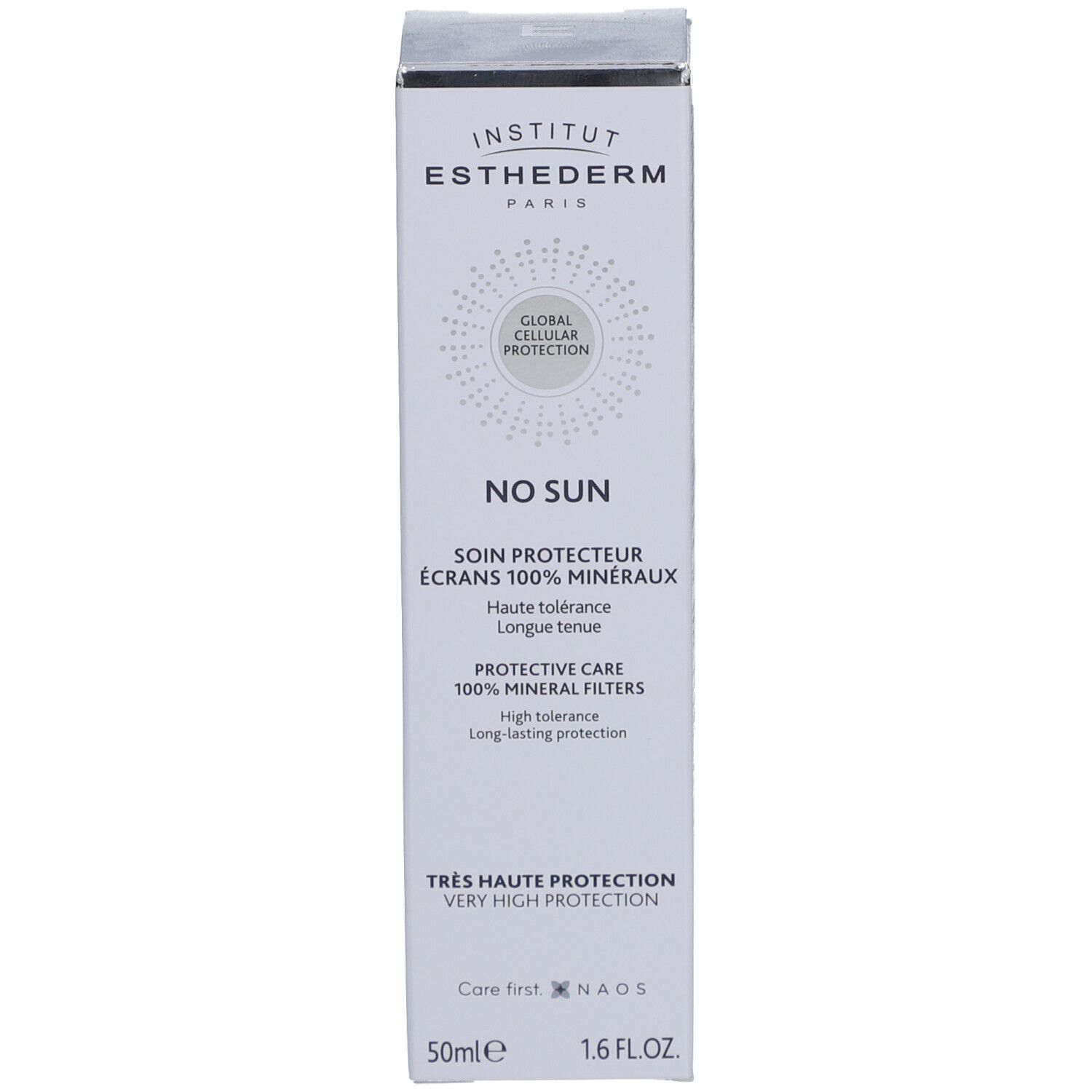 Boîte avec informations sur le produit. Inscription : INSTITUT ESTHEDERM, NO SUN, soin protecteur écrans 100% minéraux.