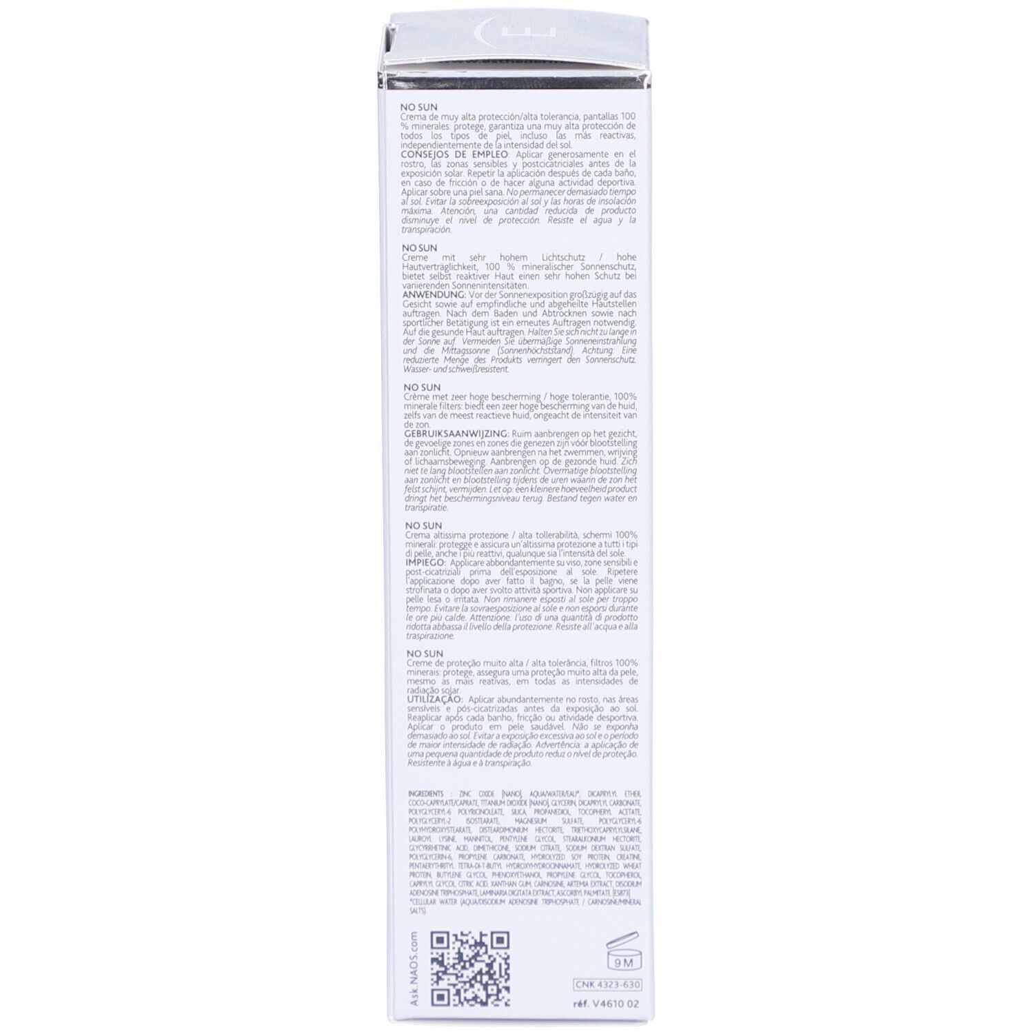 Dos de la boîte. Texte multilingue. Informations sur l'utilisation, les ingrédients et le fabricant.