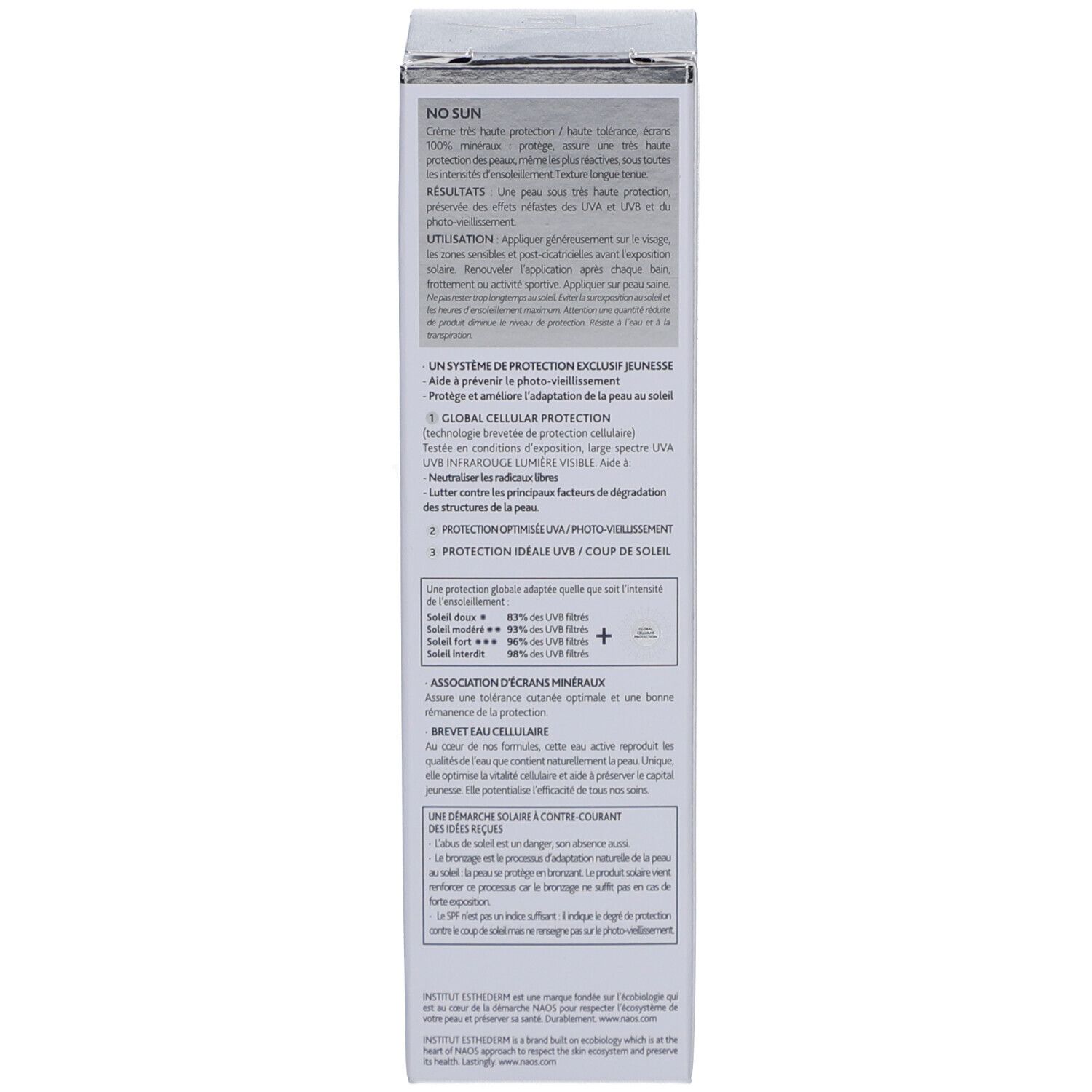 Côté de la boîte. Texte multilingue. Informations sur l'utilisation, les ingrédients et le fabricant.