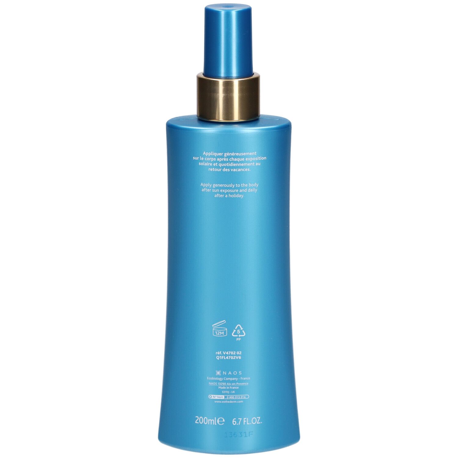 Rückseite der blauen Flasche. Text: Anwendungshinweise. INSTITUT ESTHEDERM. Recycling-Symbole. 200ml 6.7 FL.OZ.