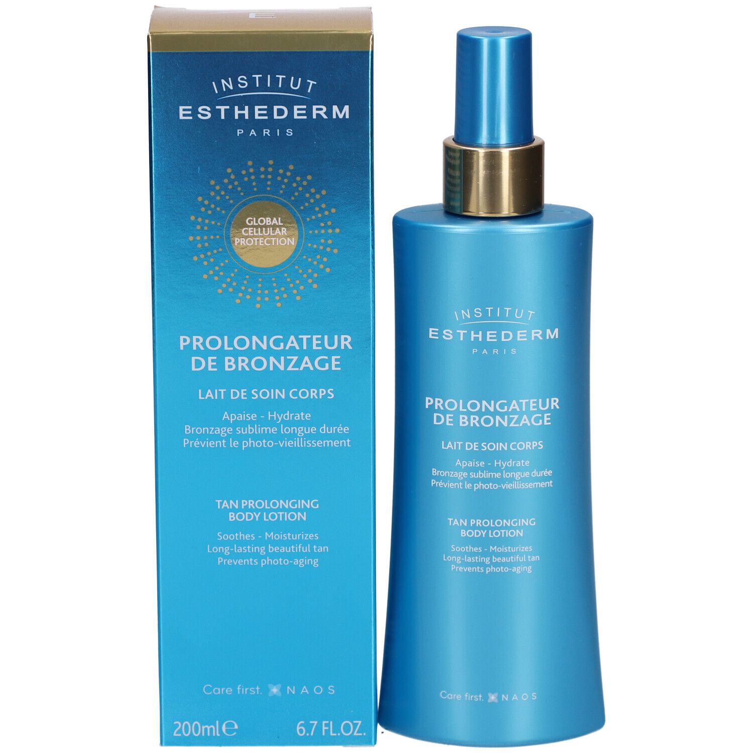 Produkt und Verpackung. INSTITUT ESTHEDERM PARIS. PROLONGATEUR DE BRONZAGE. TAN PROLONGING BODY LOTION. 200ml 6.7 FL.OZ.