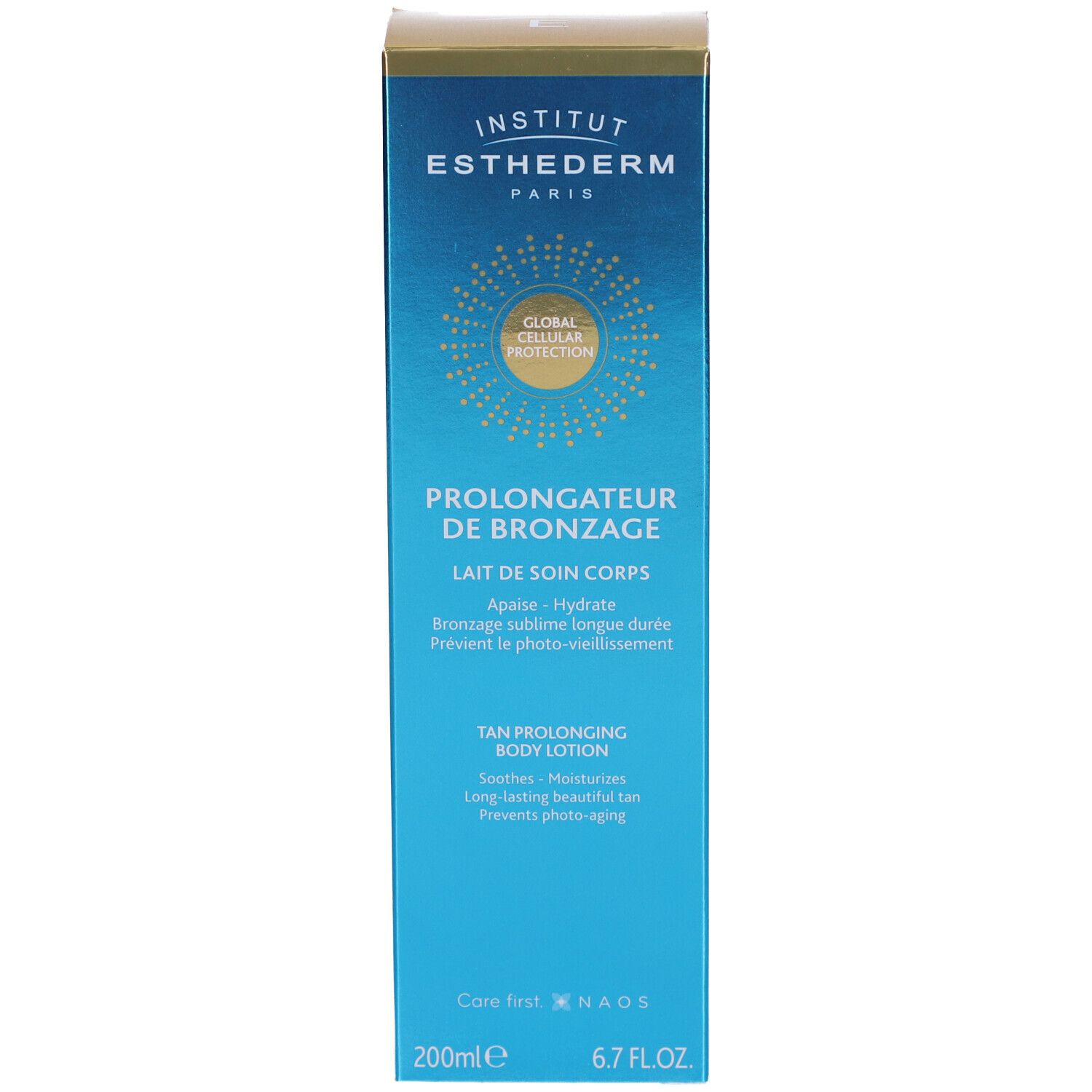 Verpackung. INSTITUT ESTHEDERM PARIS. PROLONGATEUR DE BRONZAGE. TAN PROLONGING BODY LOTION. 200ml 6.7 FL.OZ.