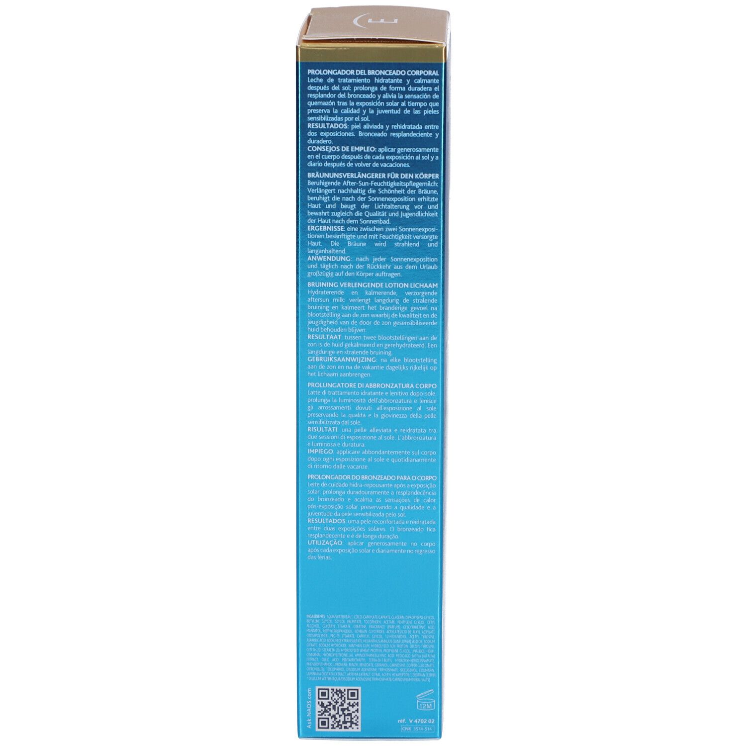 Verpackung. Text: PROLONGATEUR DE BRONZAGE CORPOREL. Ergebnisse. Anwendungshinweise. QR-Code.