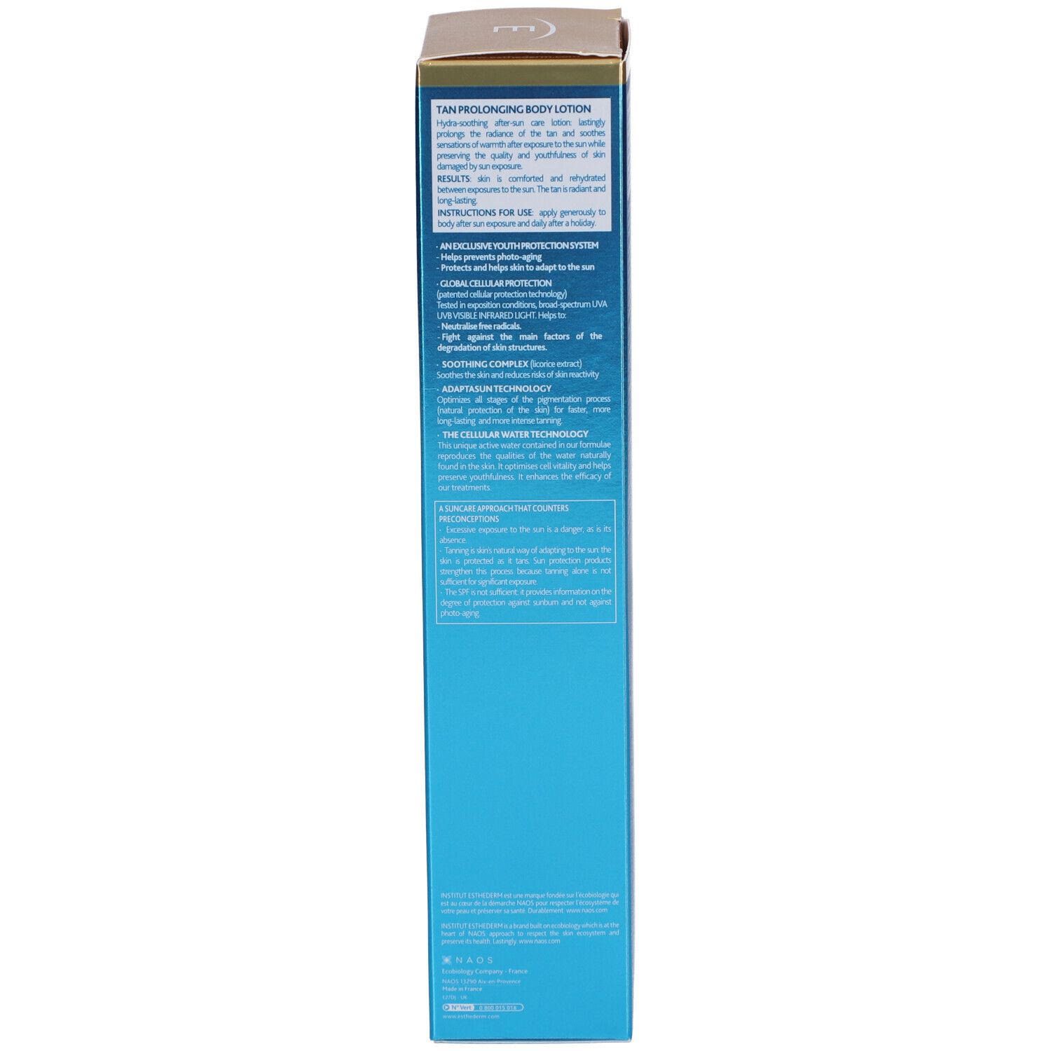 Verpackung. Text: TAN PROLONGING BODY LOTION. Ergebnisse. Anwendungshinweise. Inhaltsstoffe.