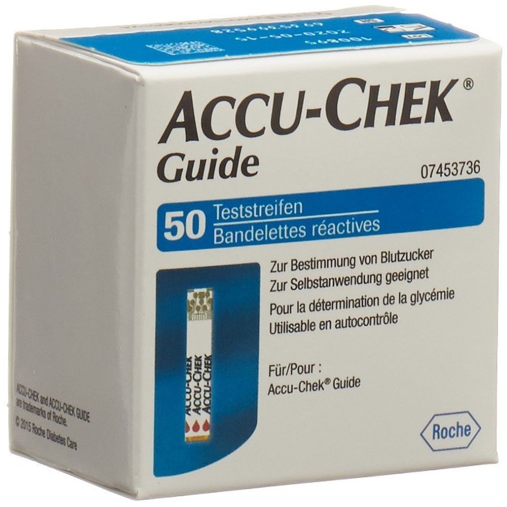 Schachtel mit ACCU-CHEK Guide Teststreifen. Enthält 50 Teststreifen. Blaue und weiße Verpackung mit Produktnamen und Roche-Logo.