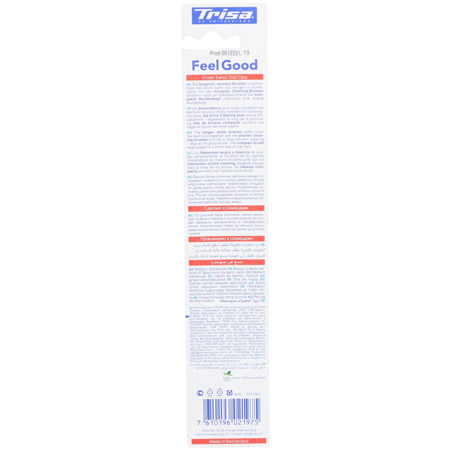 Rückseite der Trisa Feel Good Zahnbürstenverpackung. Text in mehreren Sprachen. Produktname und Logo sichtbar.