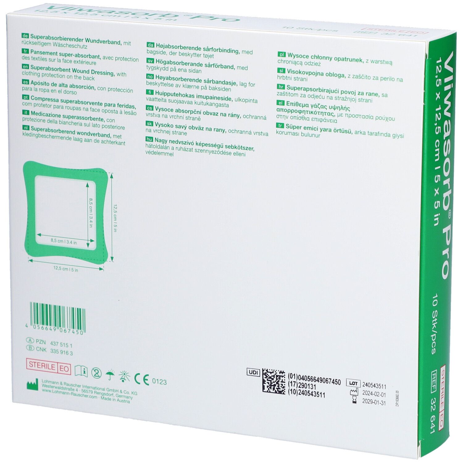Dos de la boîte Vliwasorb® Pro. Informations, dimensions, numéro de lot.