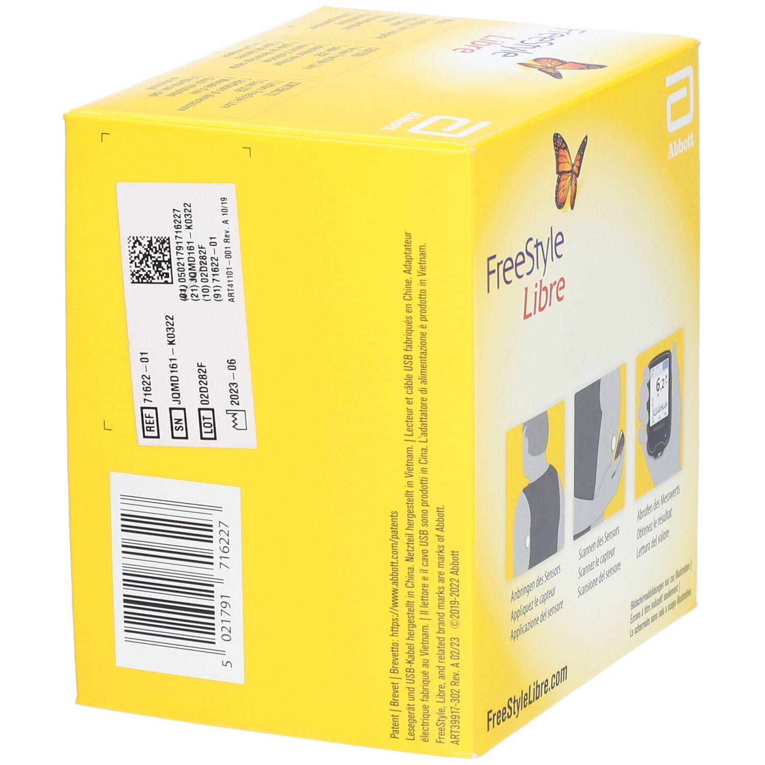 Dos de la boîte jaune FreeStyle Libre. Code-barres, numéro de lot, date de péremption. Texte multilingue.