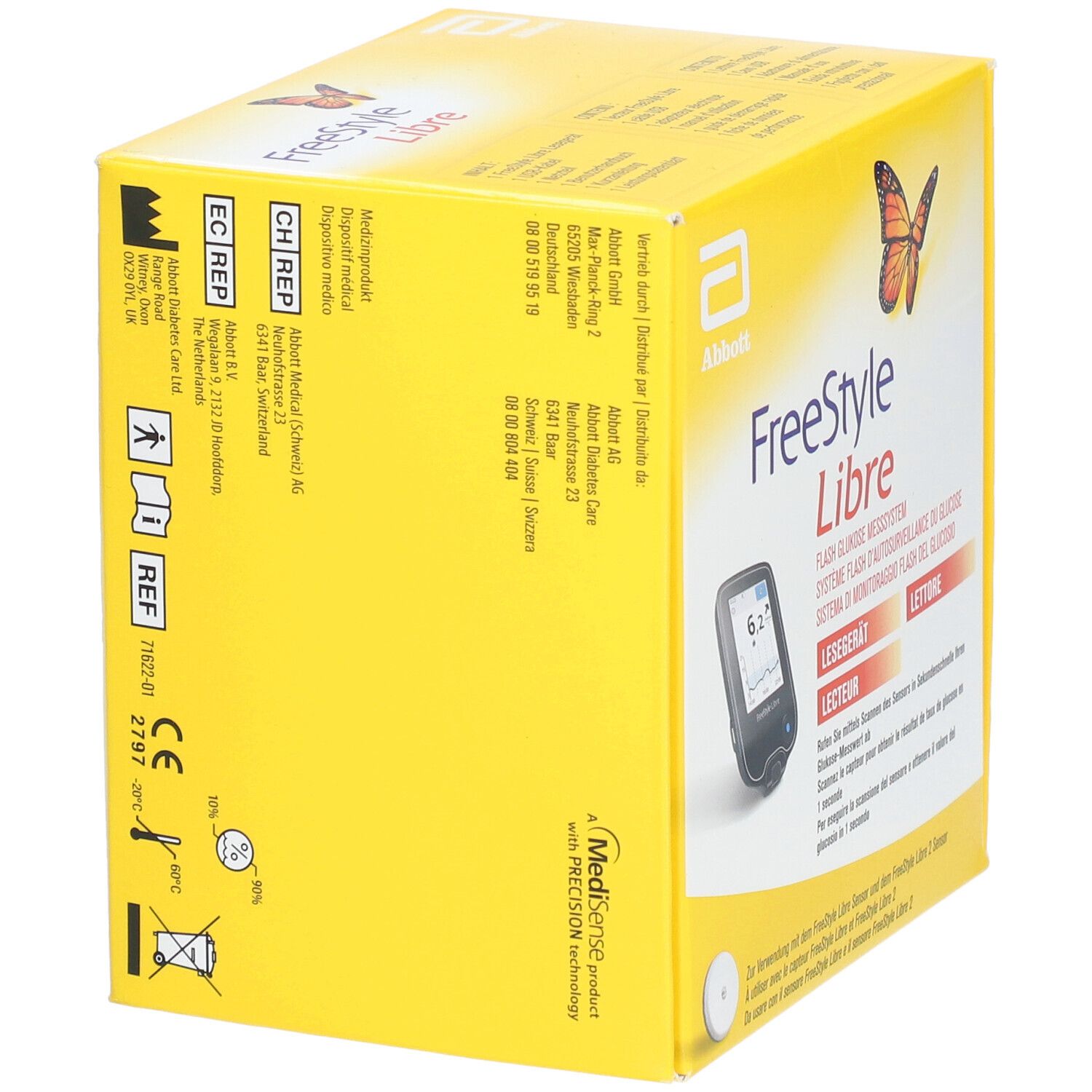 Boîte jaune FreeStyle Libre. Logos, texte et illustrations. Marquage CE. Dispositif médical.