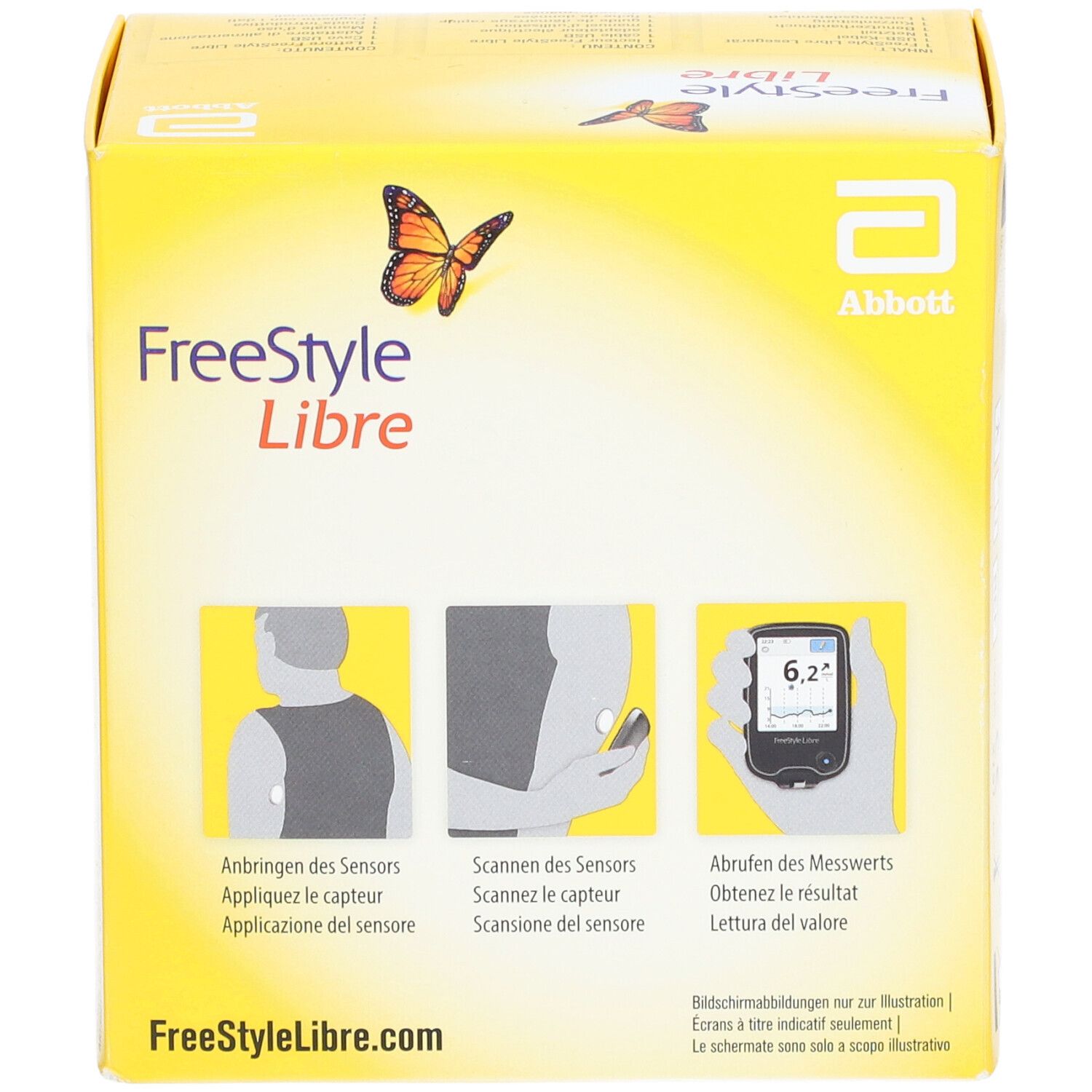 Face avant de la boîte jaune FreeStyle Libre. Logo, papillon, illustrations d'utilisation. Texte multilingue.