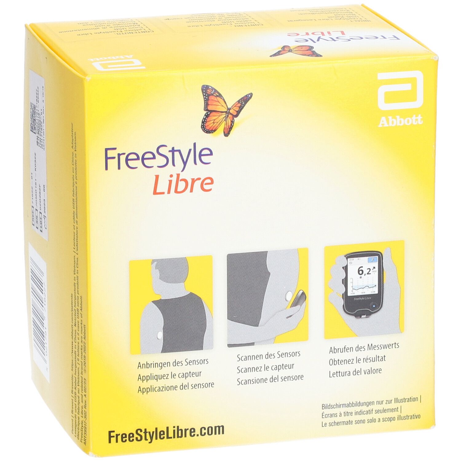 Face avant de la boîte jaune FreeStyle Libre. Logo, papillon, illustrations d'utilisation. Texte multilingue.