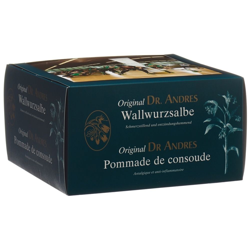 Dunkelgrüner Karton mit Produktnamen und Logo. Beschriftung: Original DR. ANDRES Wallwurzsalbe, Pommade de consoude.