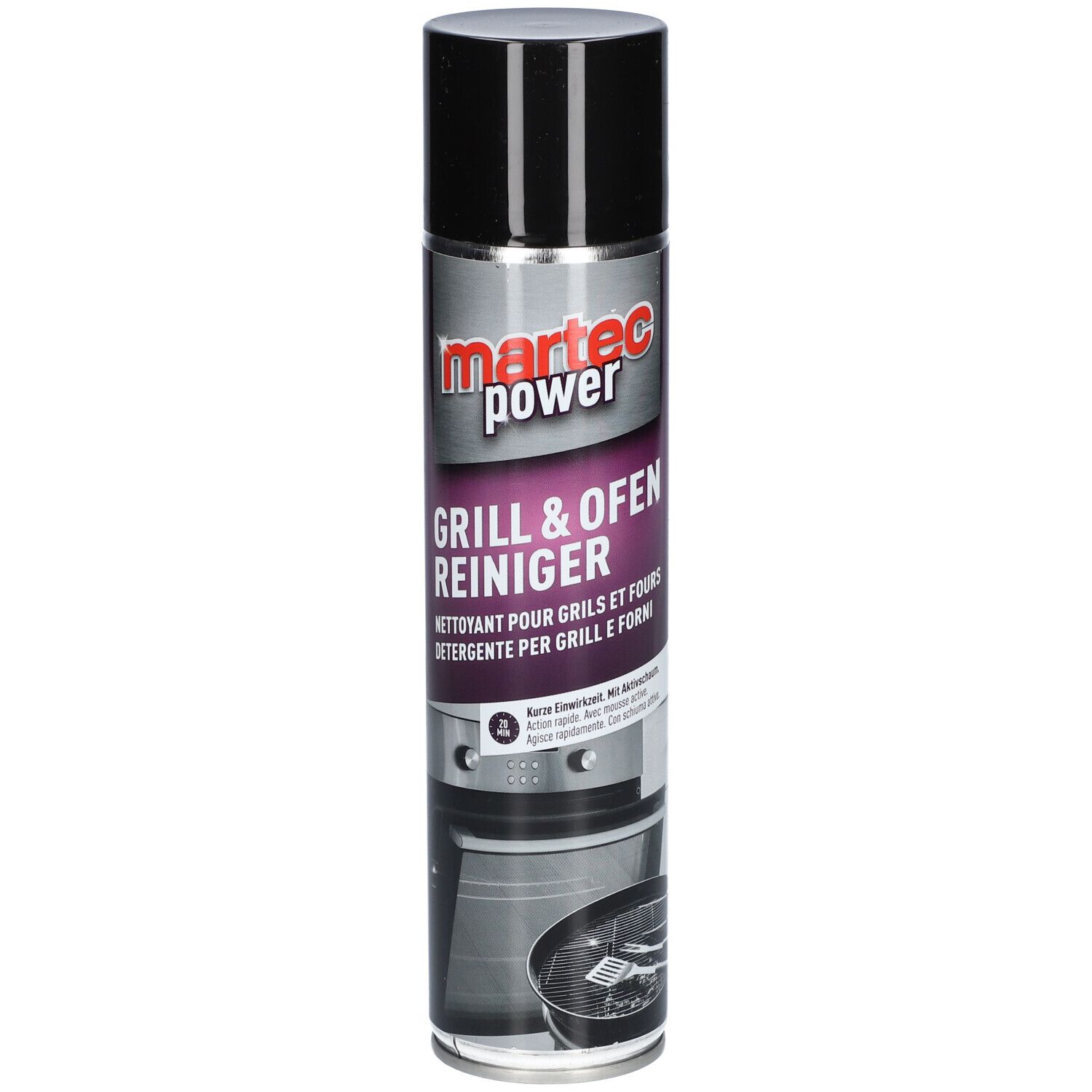 Aerosolspraydose mit schwarzem Deckel. Aufschrift: martec power, Grill & Ofen Reiniger. Abbildung eines Grills.