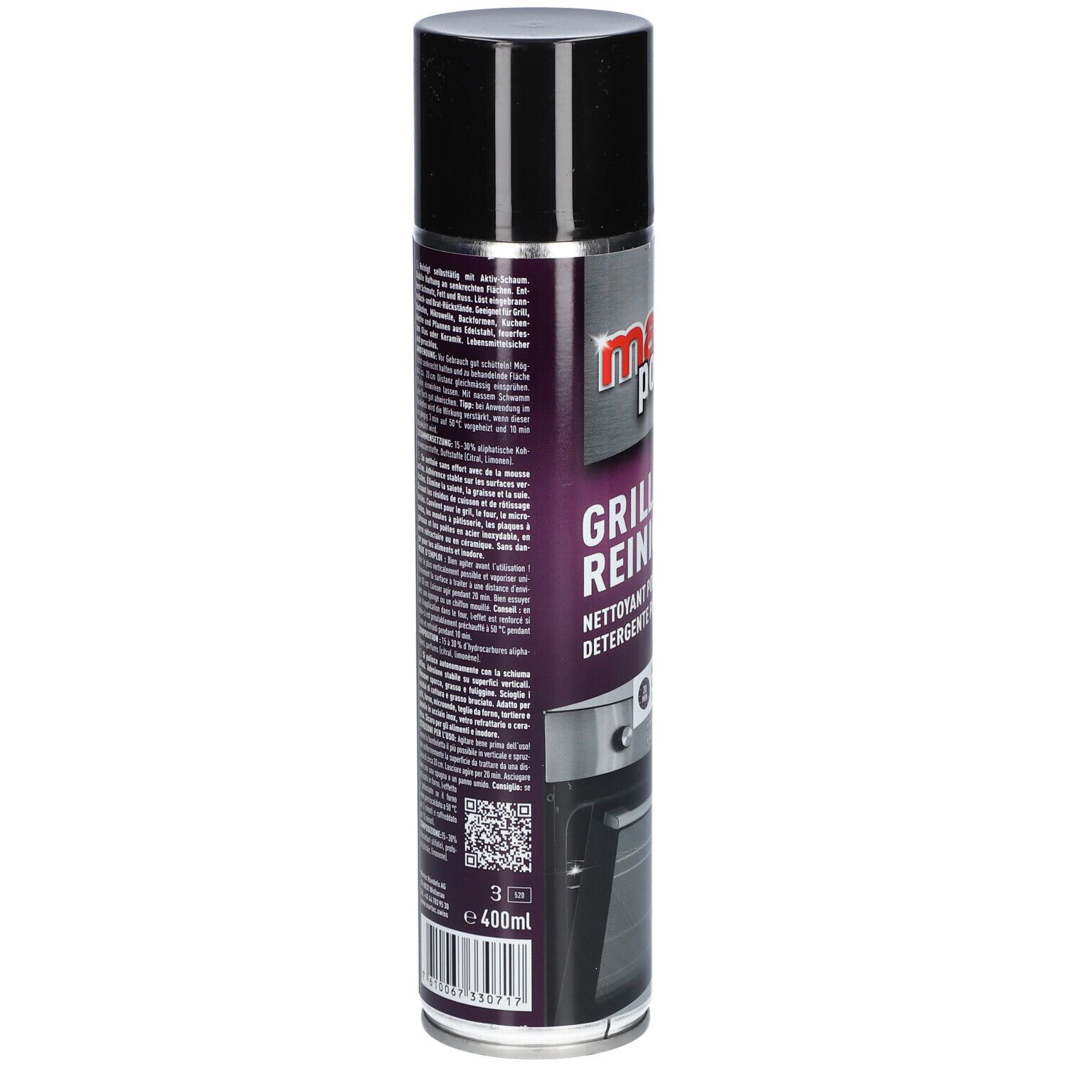 Aerosolspraydose, Rückseite mit Text. Aufschrift: martec power, Grill & Ofen Reiniger. QR-Code und Warnhinweise.
