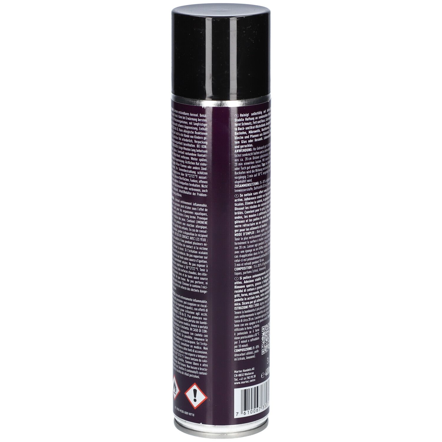 Aerosolspraydose, Rückseite mit Text. Warnhinweise und Gefahrensymbole. Aufschrift: martec power, Grill & Ofen Reiniger.