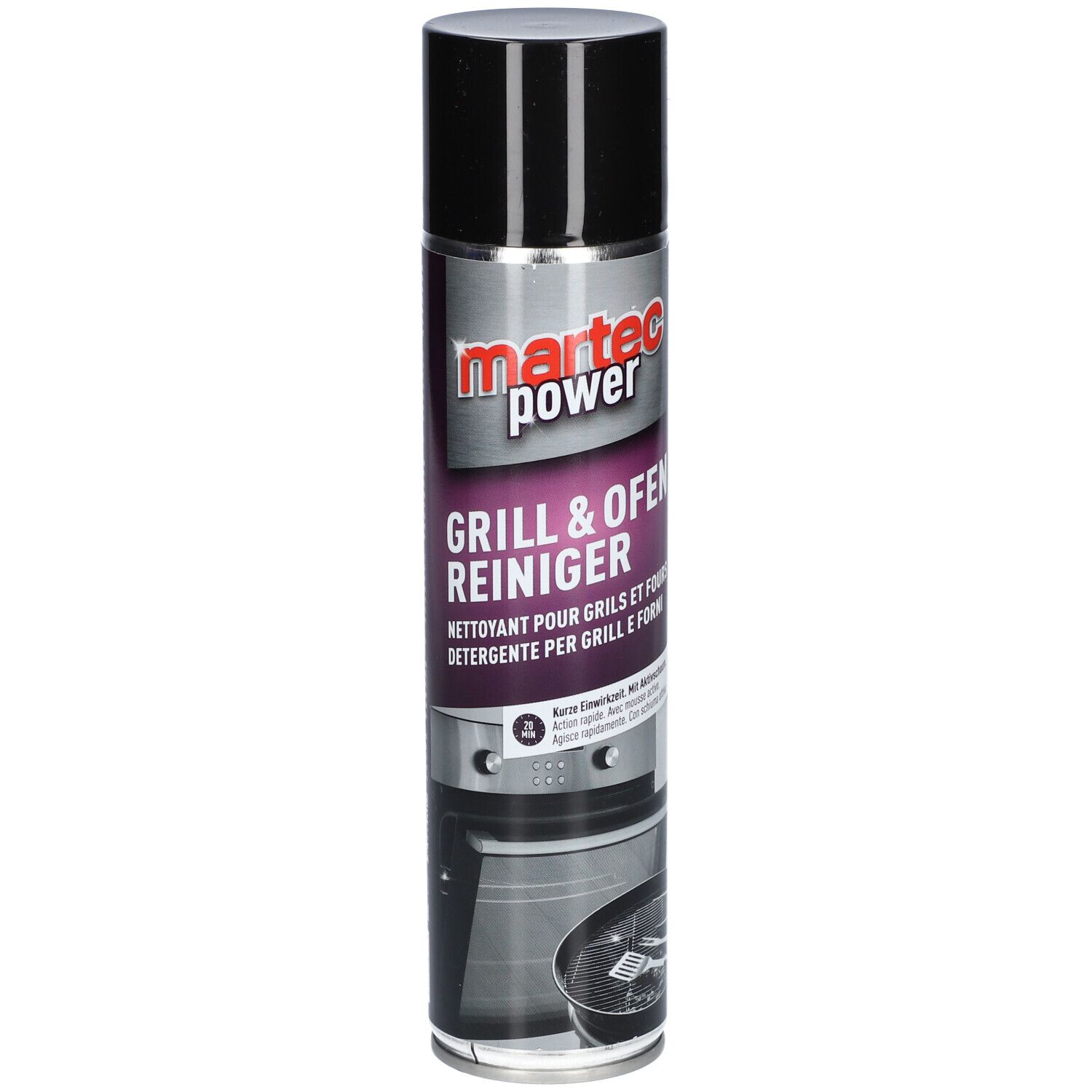 Aerosolspraydose mit schwarzem Deckel. Aufschrift: martec power, Grill & Ofen Reiniger. Abbildung eines Grills.