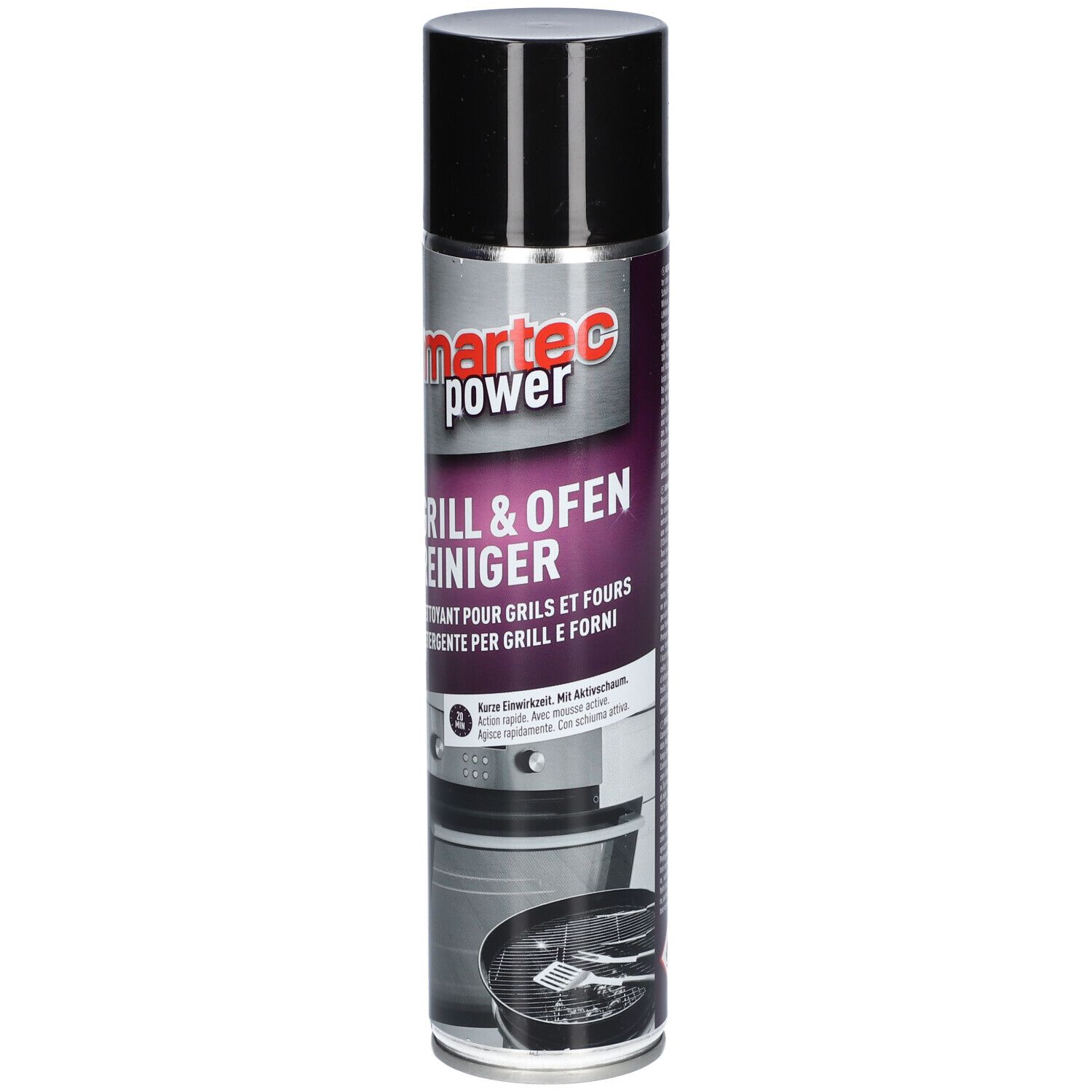 Aerosolspraydose mit schwarzem Deckel. Aufschrift: martec power, Grill & Ofen Reiniger. Abbildung eines Grills.