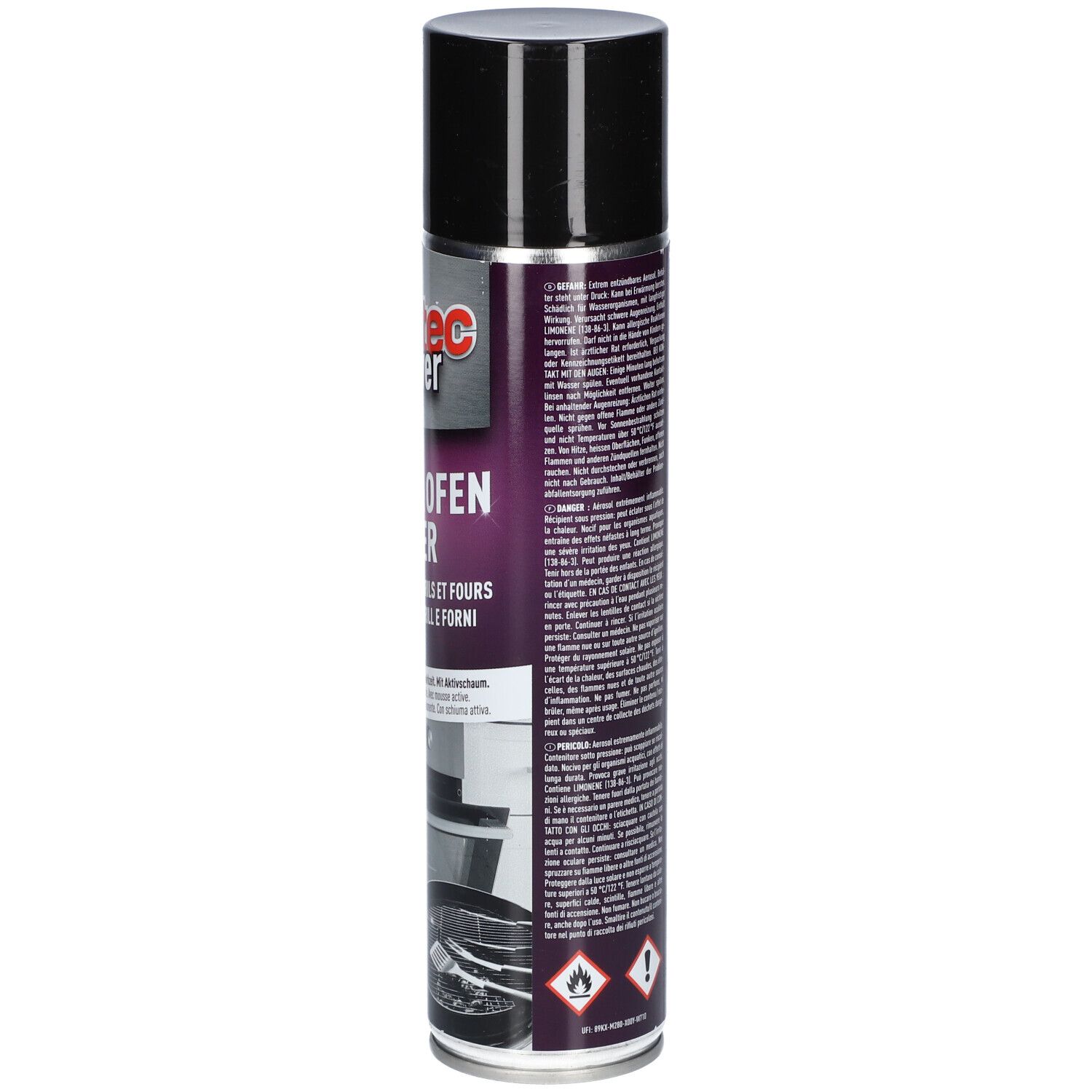 Aerosolspraydose, Rückseite mit Text. Warnhinweise und Gefahrensymbole. Aufschrift: martec power, Grill & Ofen Reiniger.