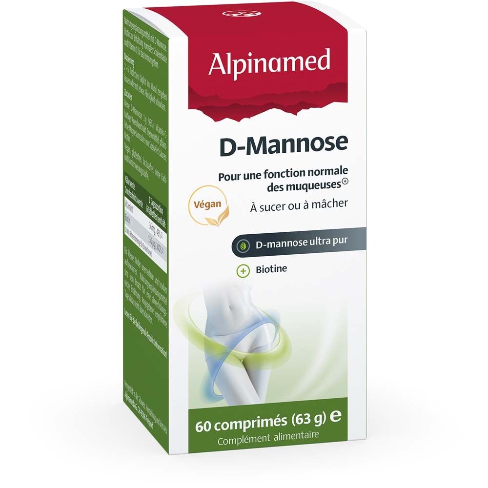 Boîte Alpinamed D-Mannose. Vert et blanc, nom du produit et informations. 60 comprimés.