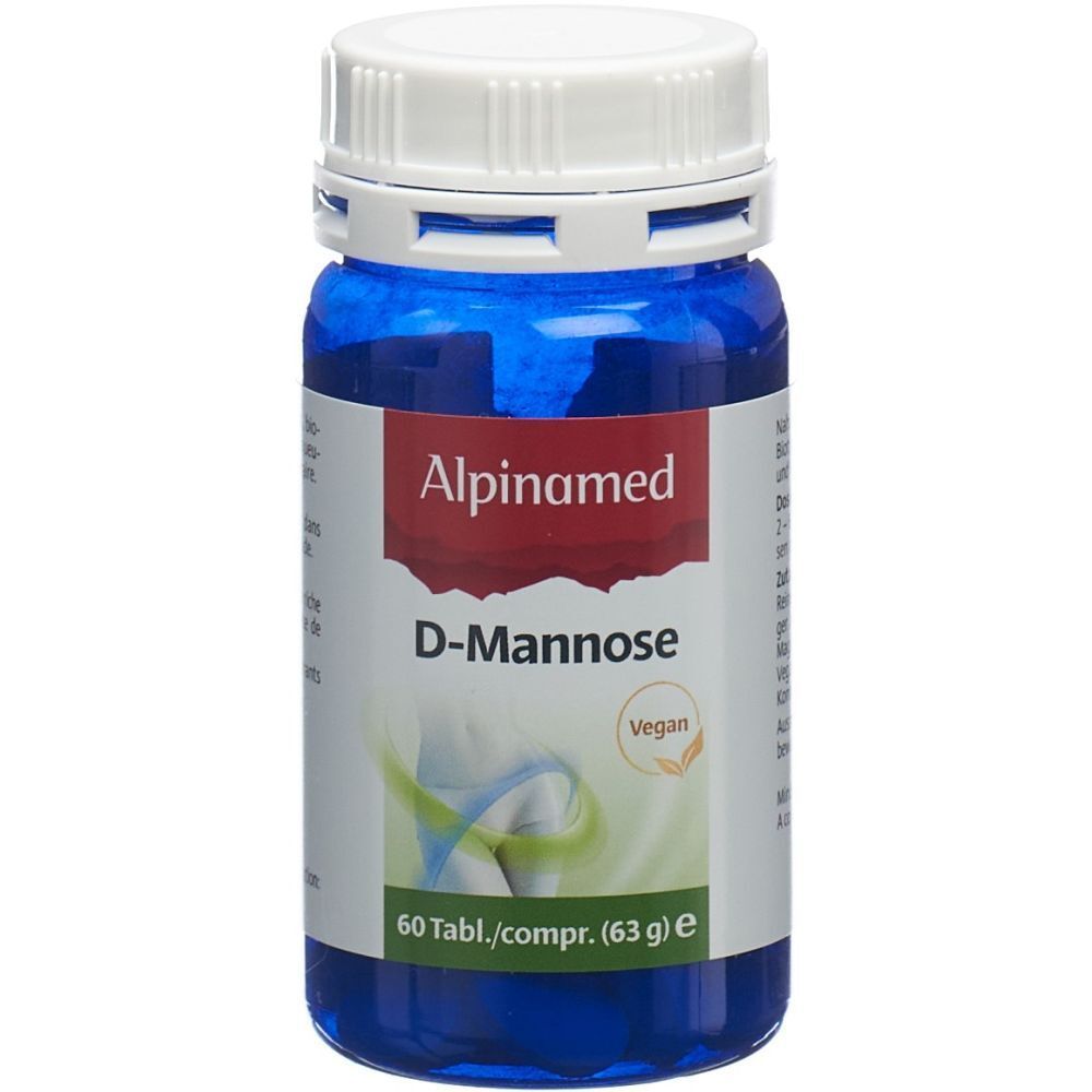 Blaue Flasche mit weißem Deckel. Aufschrift Alpinamed D-Mannose. 60 Tabletten. Vegan-Siegel.