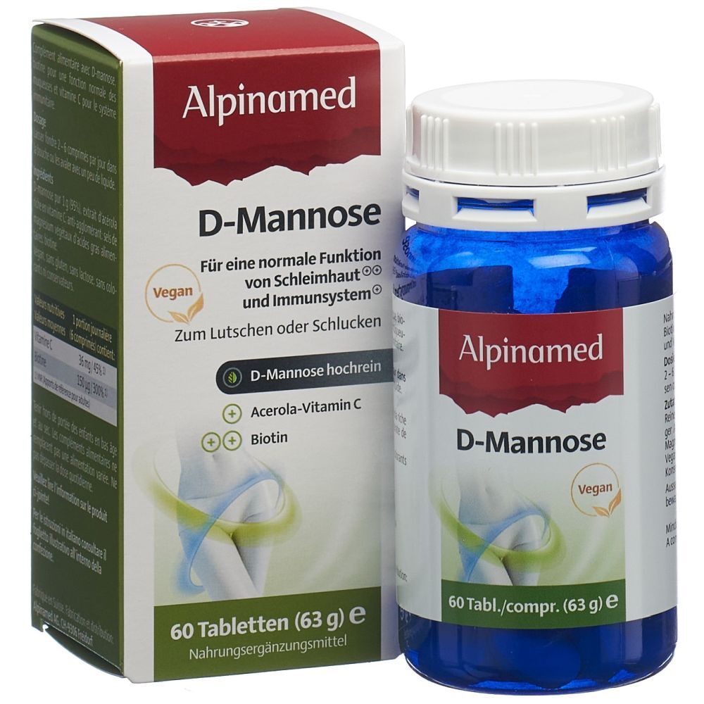 Alpinamed D-Mannose-Verpackung und Flasche. Schachtel und Flasche mit Produktnamen und Inhaltsangaben. 60 Tabletten.