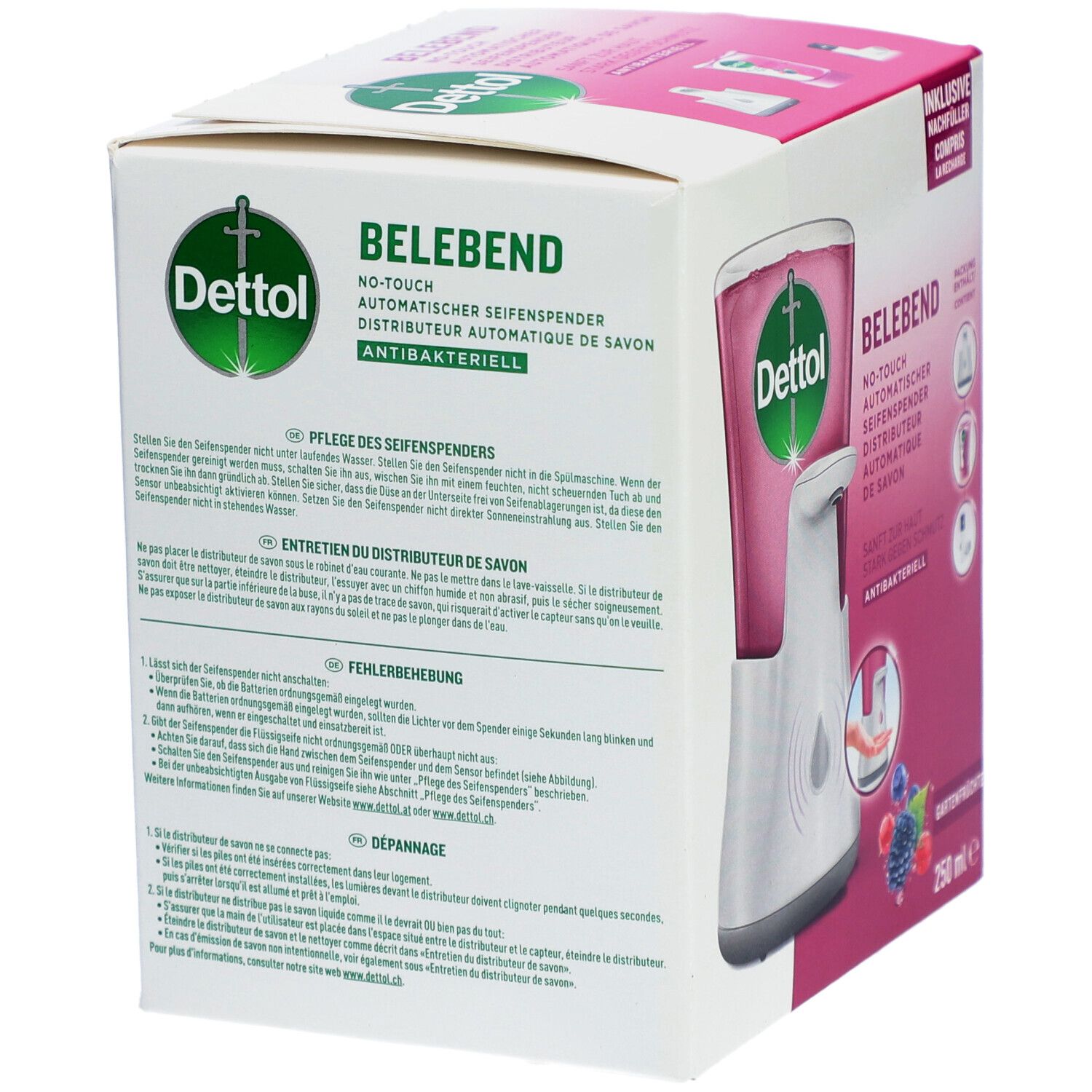 Emballage du distributeur de savon Dettol sans contact. Texte et illustrations sur l'emballage.
