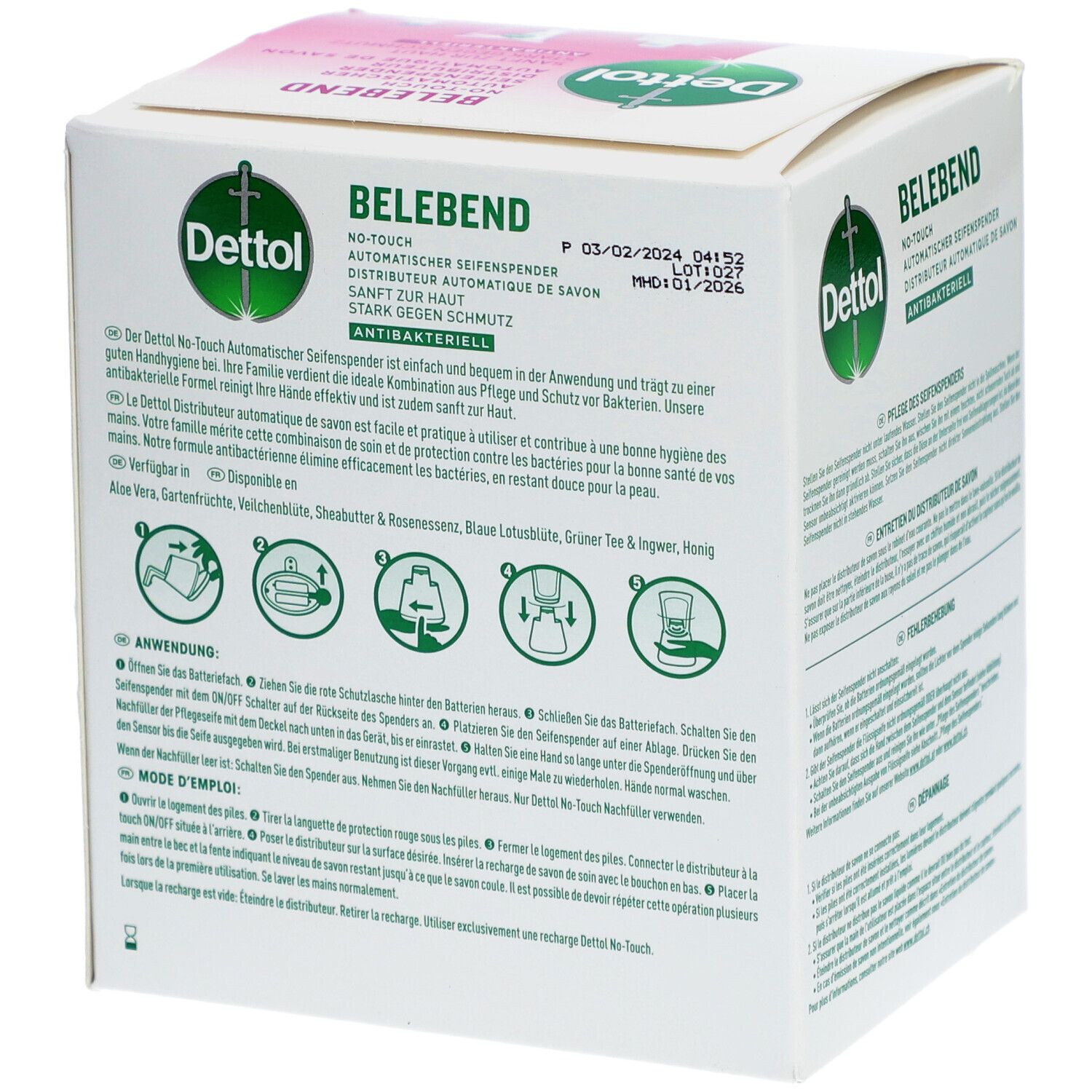 Dos de l'emballage du distributeur de savon Dettol sans contact. Informations d'utilisation et ingrédients.