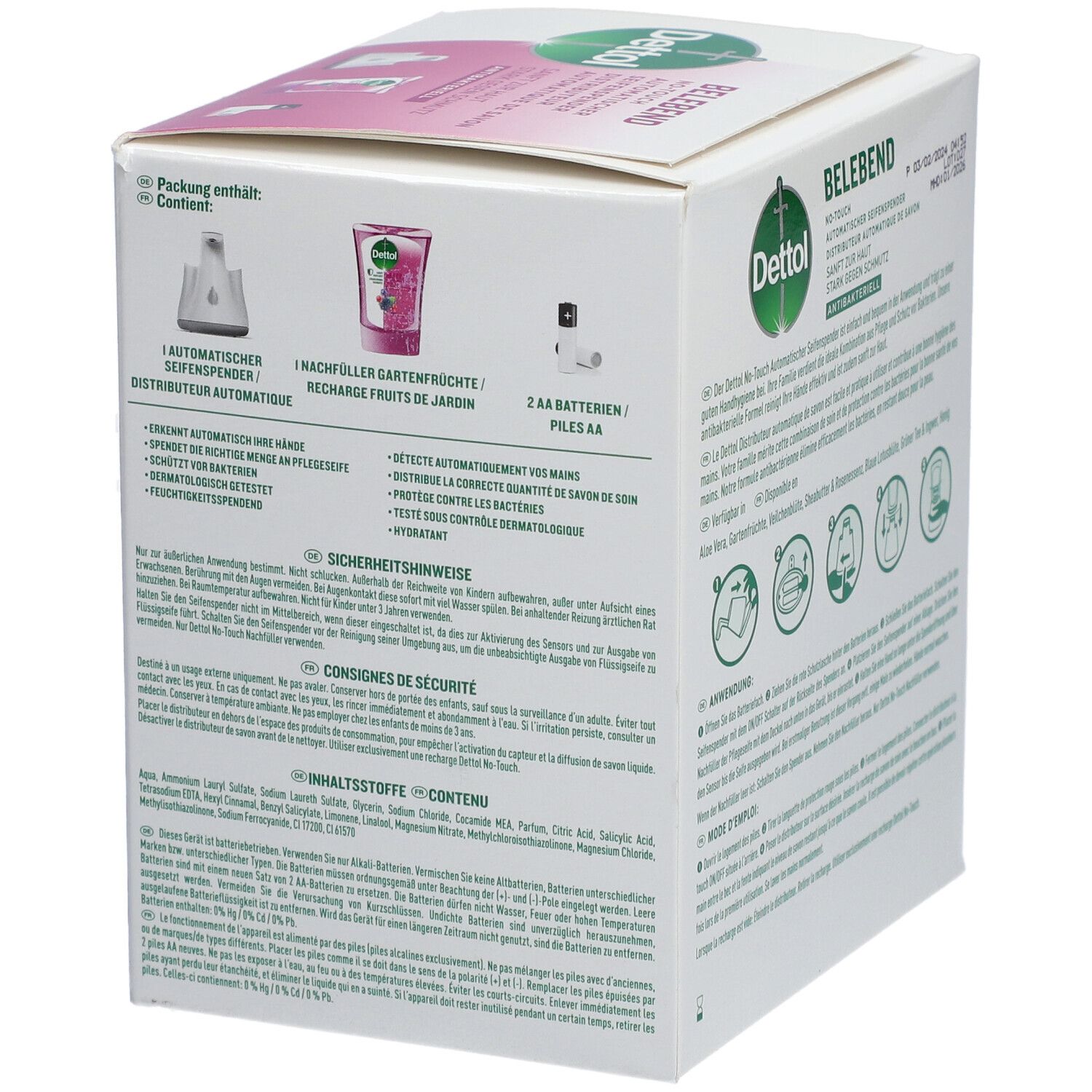Dos de l'emballage du distributeur de savon Dettol sans contact. Illustrations et texte.