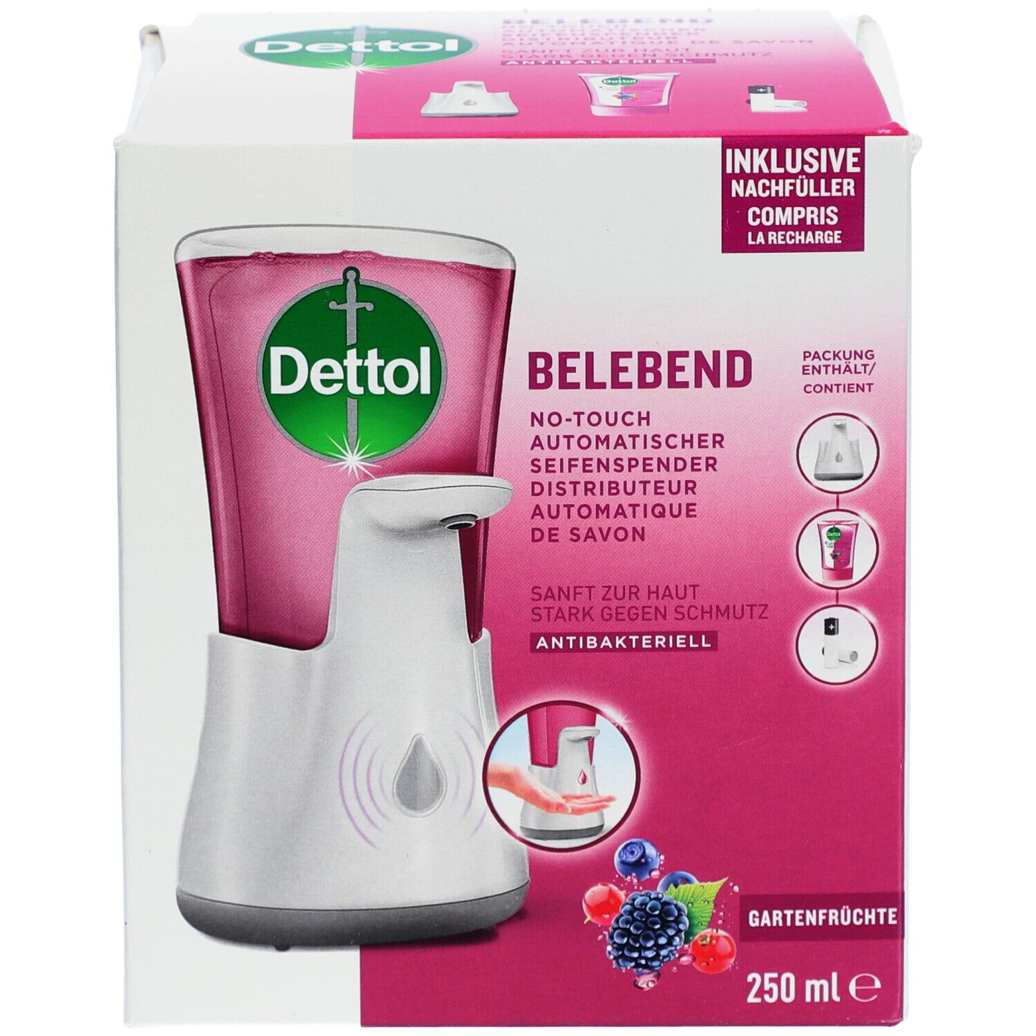 Dettol distributeur de savon sans contact en emballage. Parfum fruits des jardins. 250 ml. Recharge incluse.