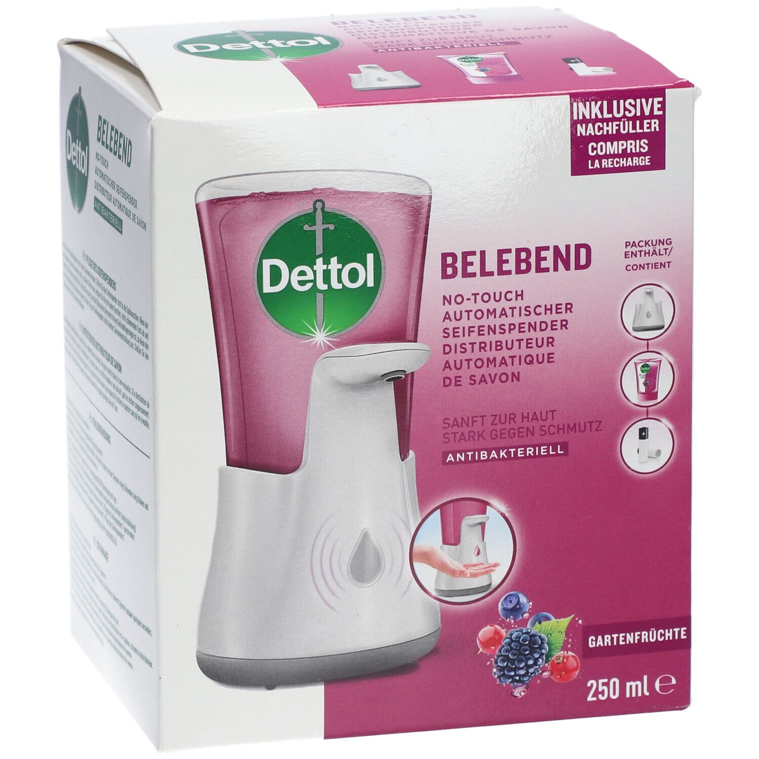 Dettol distributeur de savon sans contact en emballage. Parfum fruits des jardins. 250 ml. Recharge incluse.