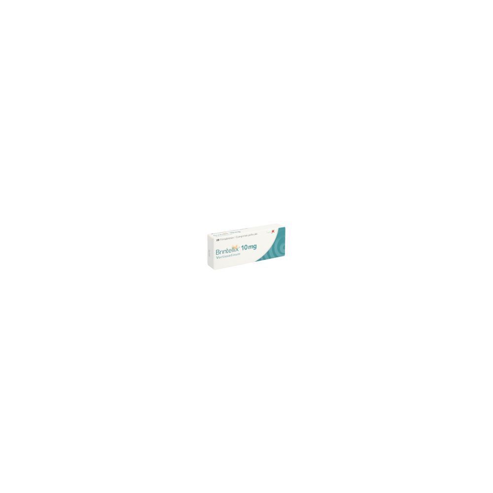 Boîte de BRINTELLIX Filmtabl 10 mg. Blanche, avec graphiques bleus et verts. Texte: BRINTELLIX 10mg.