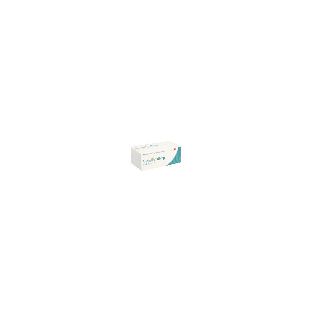 Boîte de BRINTELLIX Filmtabl 10 mg. Blanche avec accents bleus et rouges. Texte: BRINTELLIX 10mg.