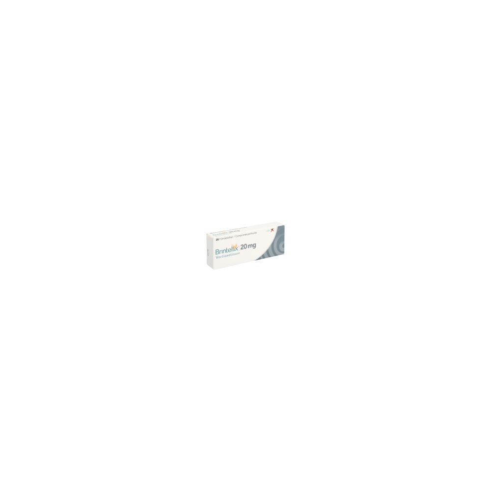 Karton BRINTELLIX Filmtabl 20 mg. Aufschrift: BRINTELLIX 20mg. Weiße Verpackung mit blauen und grauen Elementen.