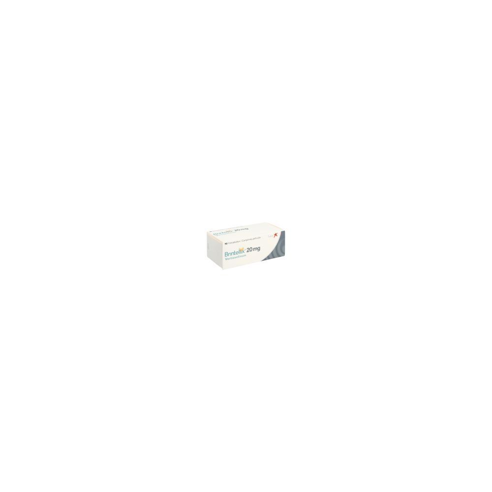 Boîte de BRINTELLIX Filmtabl 20 mg. Boîte blanche avec graphiques bleus et gris. Texte: BRINTELLIX 20 mg.