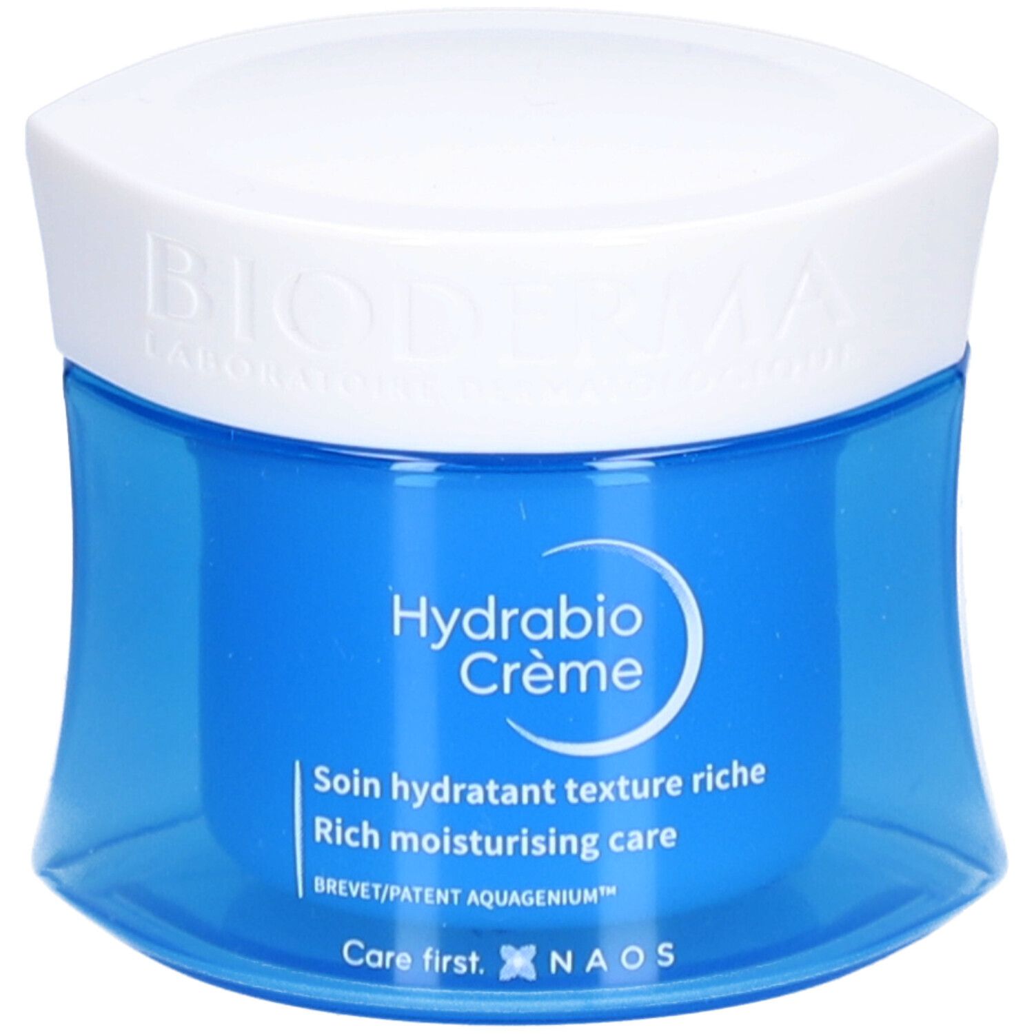 Pot de crème bleu avec couvercle blanc. Inscription : Hydrabio Crème, Soin hydratant texture riche, Rich moisturising care. Marque : BIODERMA.