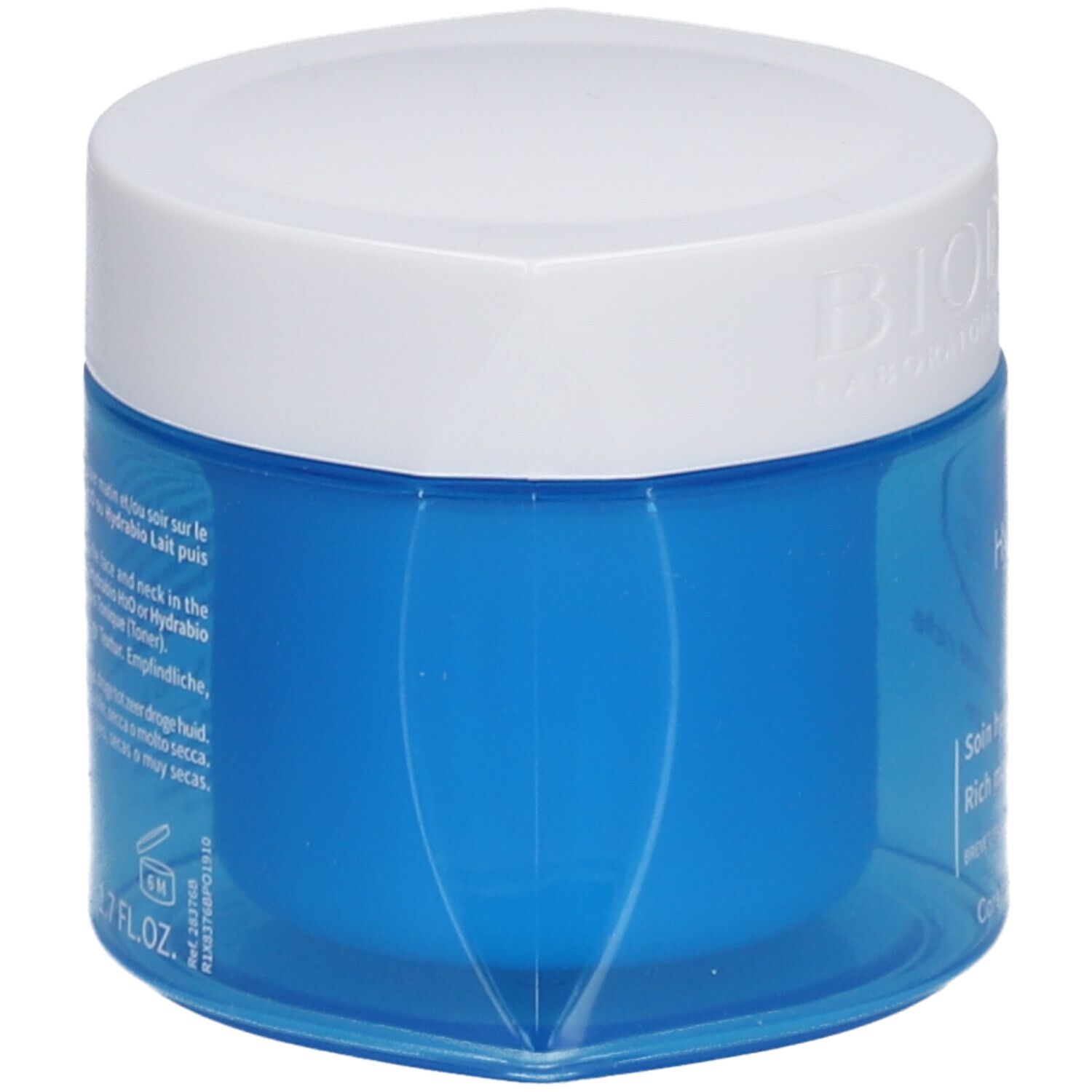 Pot de crème bleu avec couvercle blanc. Inscription illisible. Marque : BIODERMA. Texte au dos.