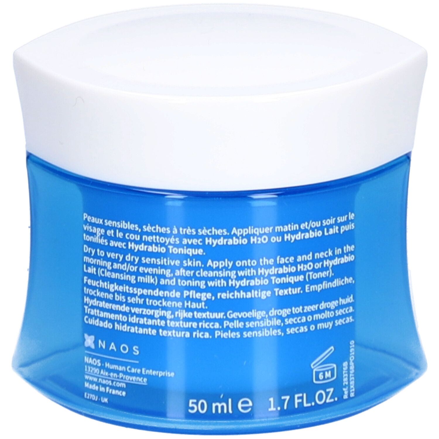 Pot de crème bleu avec couvercle blanc. Texte multilingue. Inscription : 50 ml, 1.7 FL.OZ. Marque : NAOS.