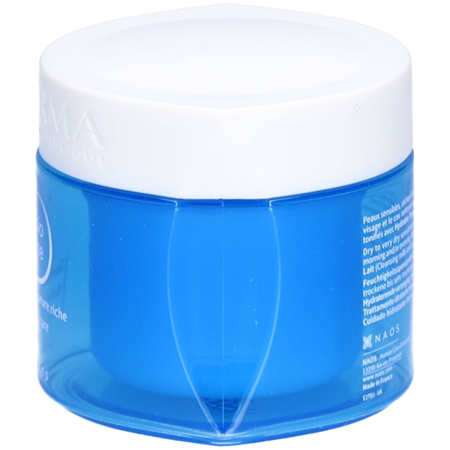 Pot de crème bleu avec couvercle blanc. Texte au dos. Marque : BIODERMA.