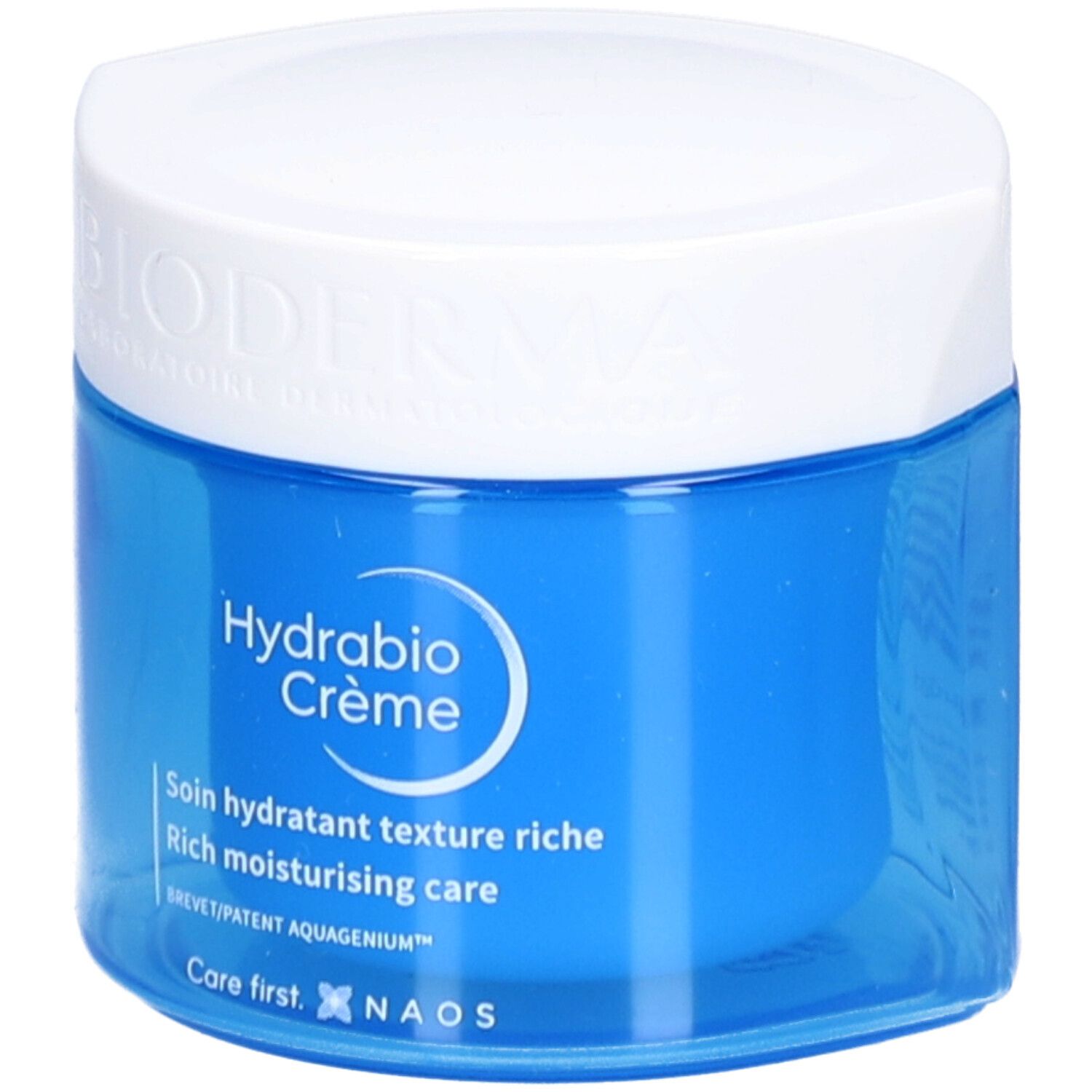Pot de crème bleu avec couvercle blanc. Inscription : Hydrabio Crème, Soin hydratant texture riche, Rich moisturising care. Marque : BIODERMA.