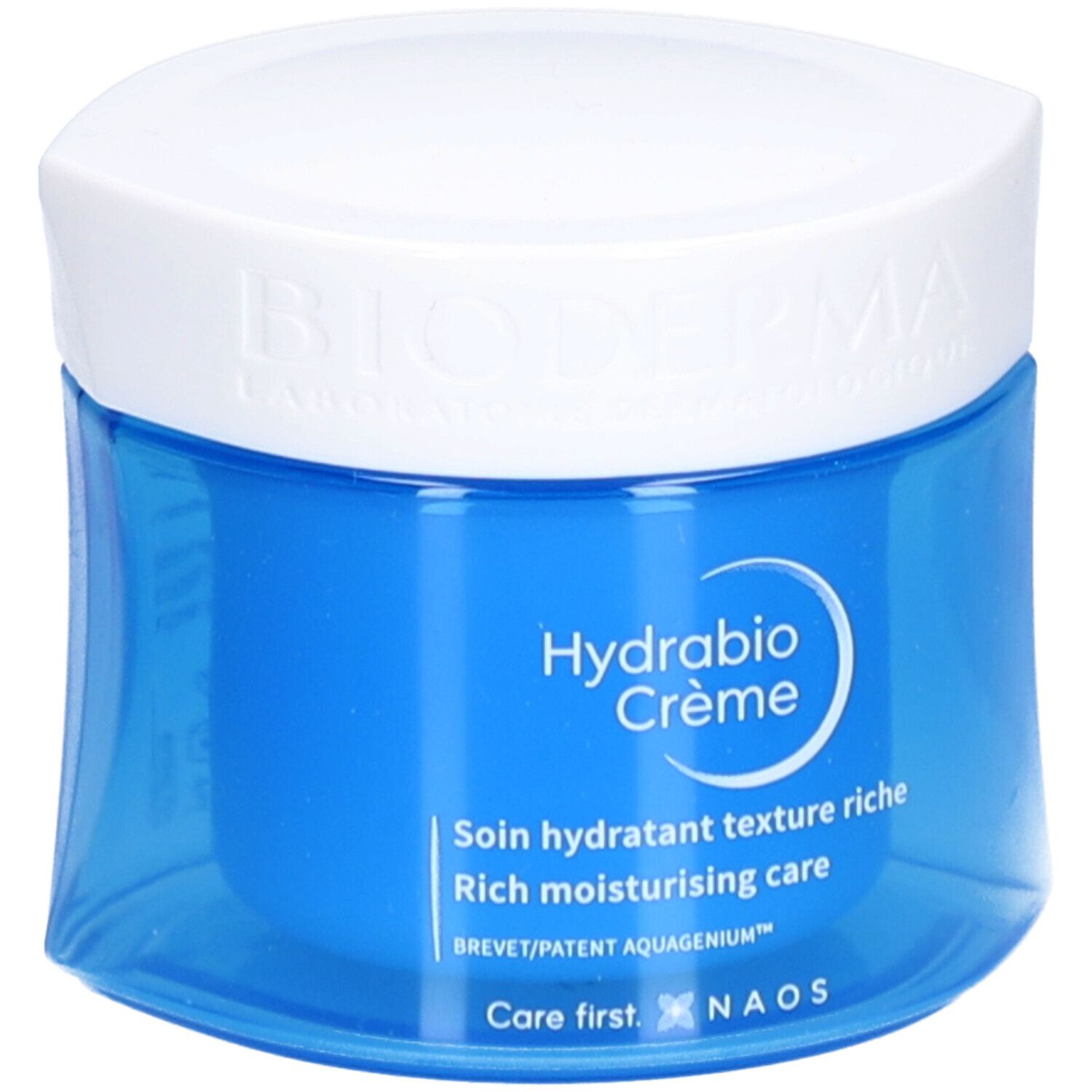Pot de crème bleu avec couvercle blanc. Inscription : Hydrabio Crème, Soin hydratant texture riche, Rich moisturising care. Marque : BIODERMA.