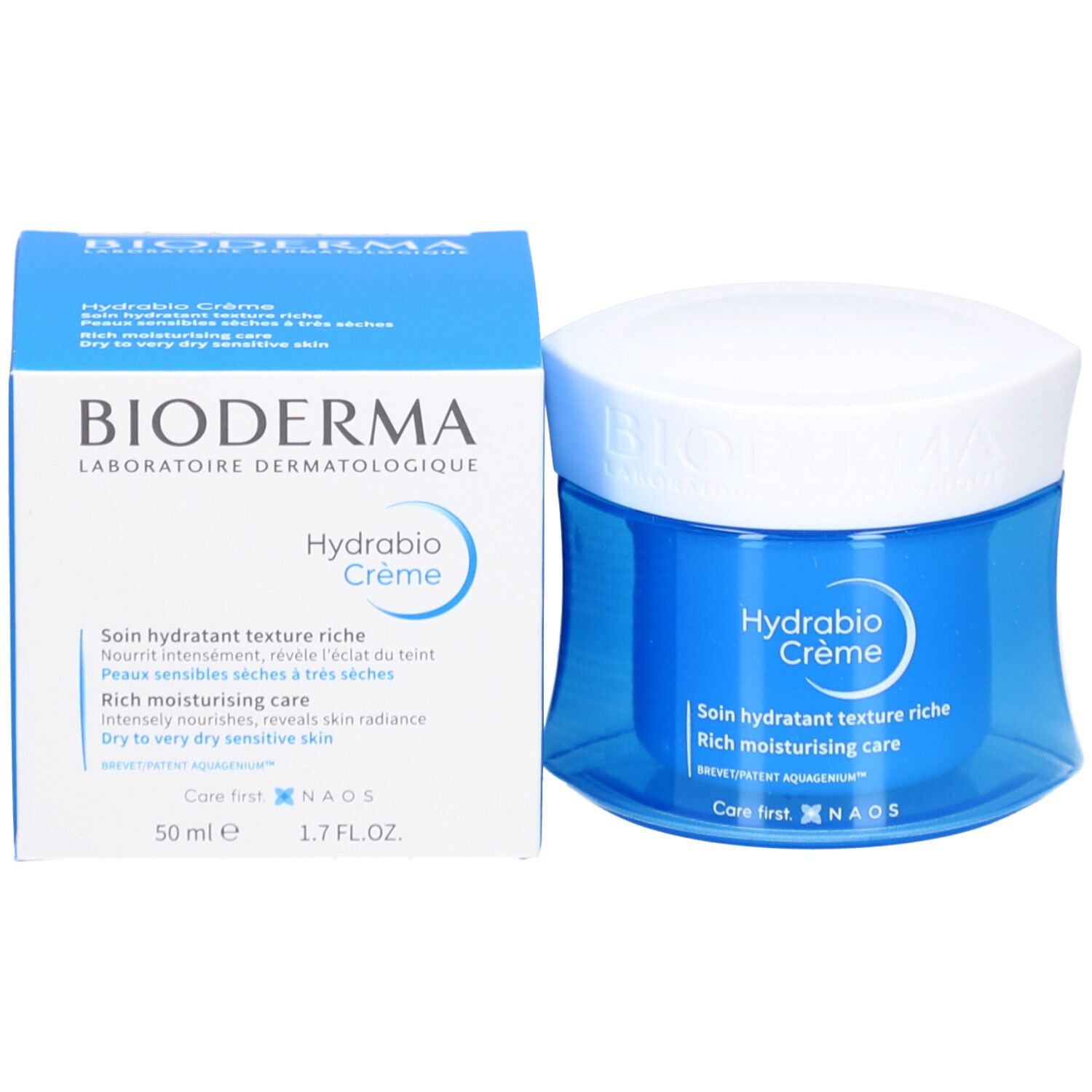 Pot de crème bleu et boîte bleue. Inscription : Hydrabio Crème. Marque : BIODERMA. 50 ml, 1.7 FL.OZ.