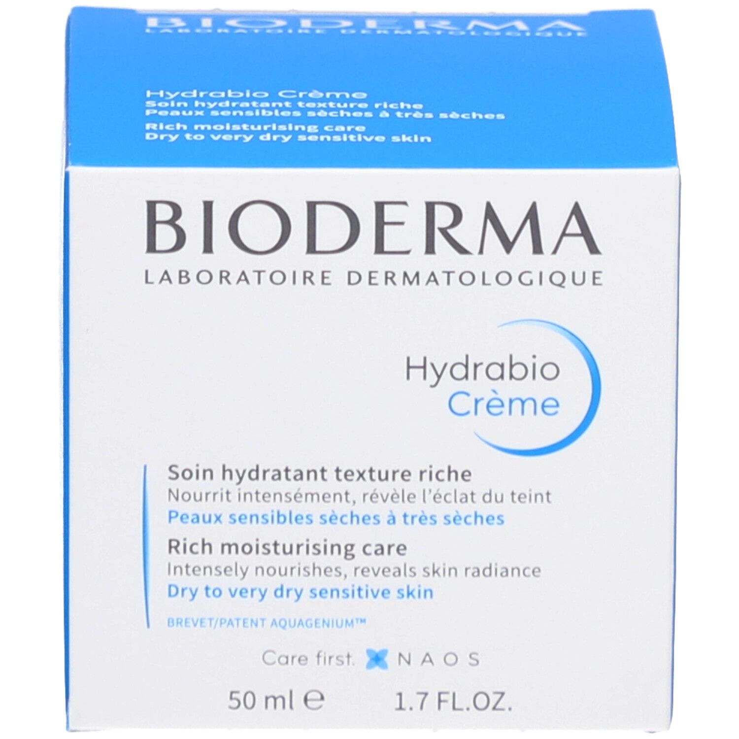 Boîte bleue avec inscription : Hydrabio Crème. Marque : BIODERMA. 50 ml, 1.7 FL.OZ. Texte multilingue.