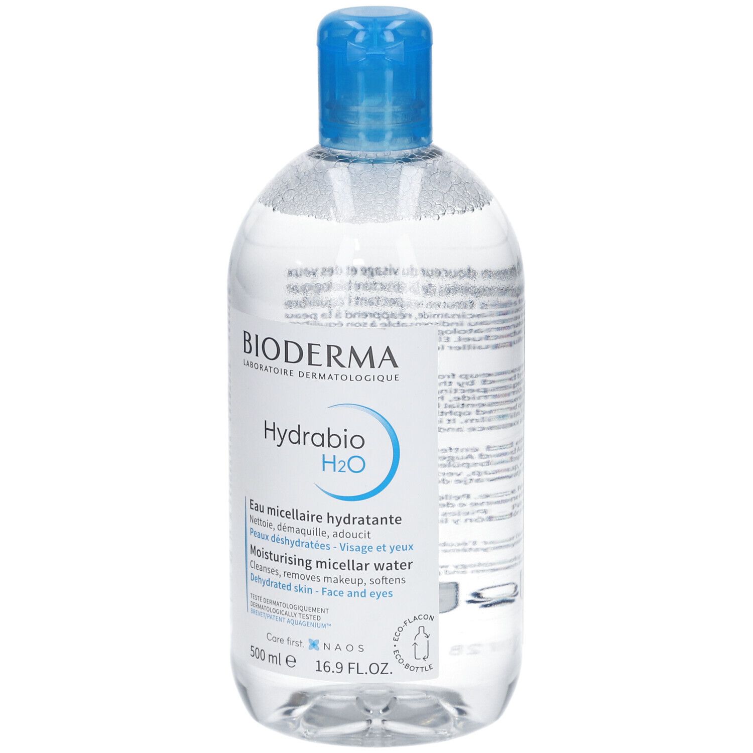 Flacon transparent avec bouchon bleu. Inscription: Bioderma, Hydrabio H2O. Eau micellaire pour visage et yeux.