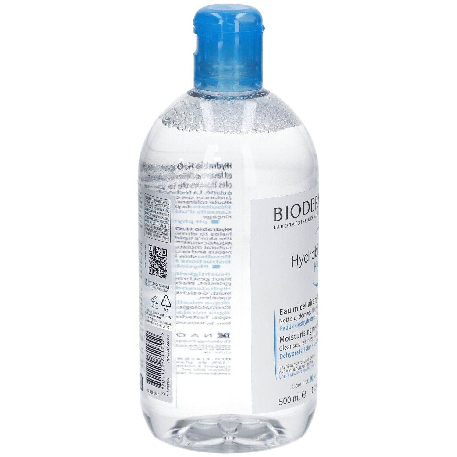 Dos du flacon. Texte multilingue. Code-barres et symbole de recyclage. Bouchon bleu et flacon transparent.