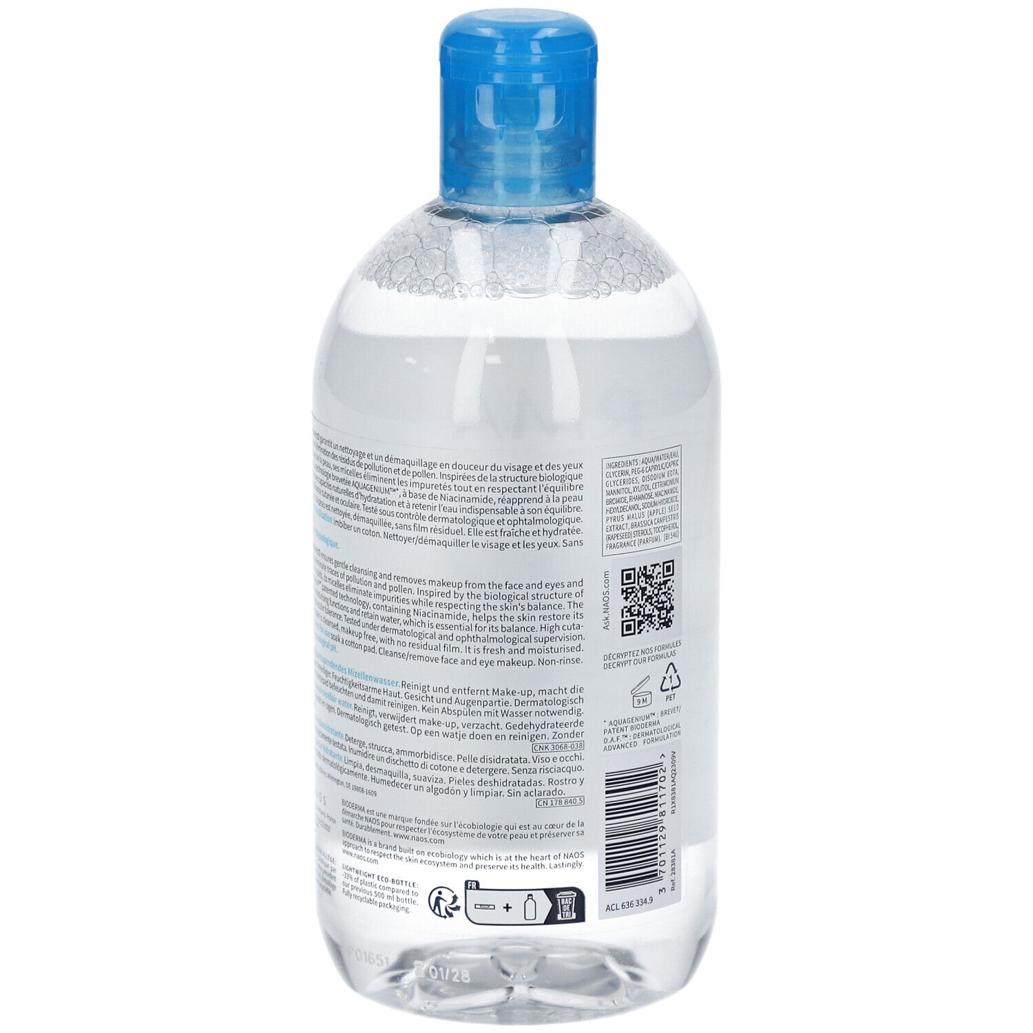 Vue arrière du flacon. Texte multilingue. Bouchon bleu et flacon transparent. Code QR et symbole de recyclage.