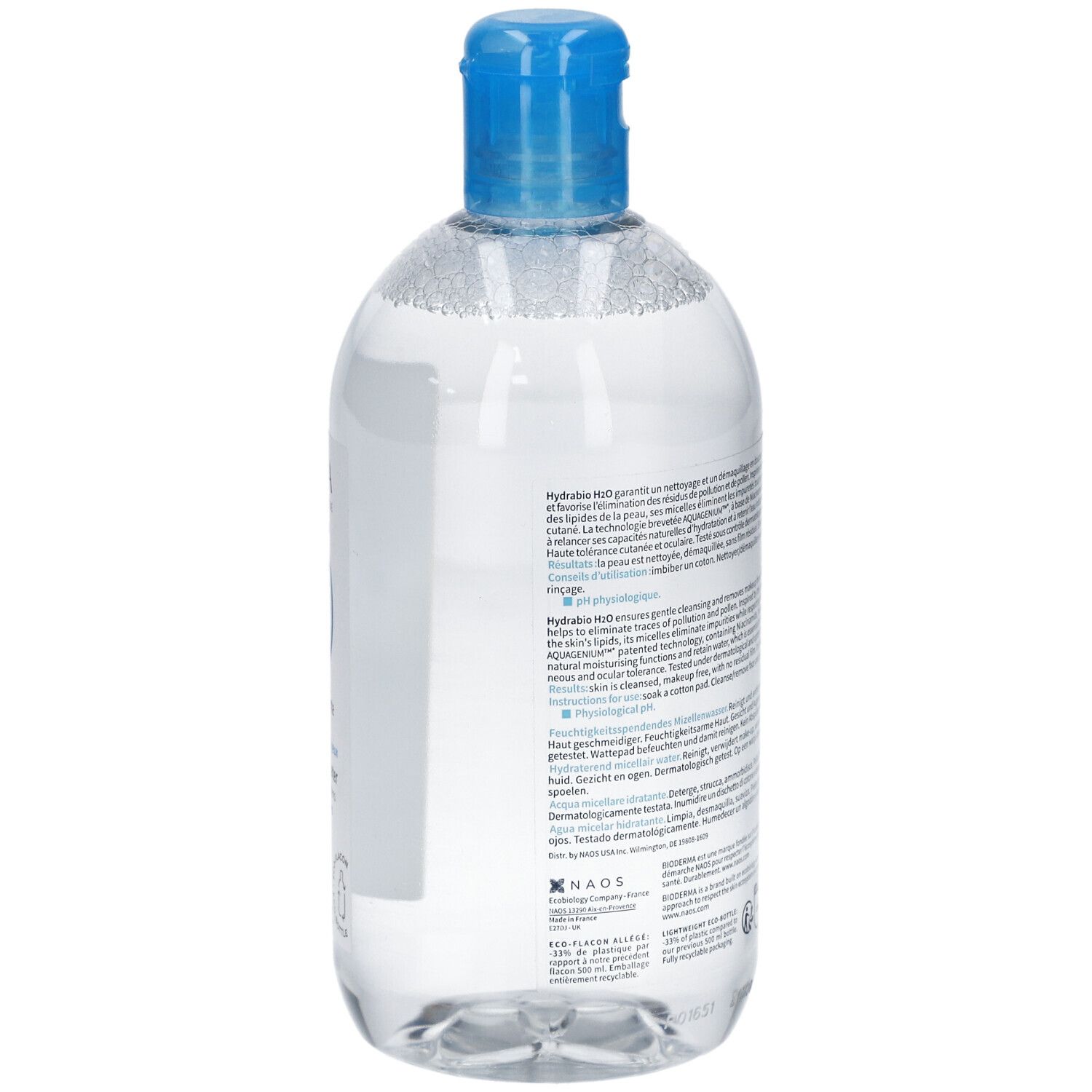 Dos du flacon. Texte multilingue. Bouchon bleu et flacon transparent. Code QR et symbole de recyclage.